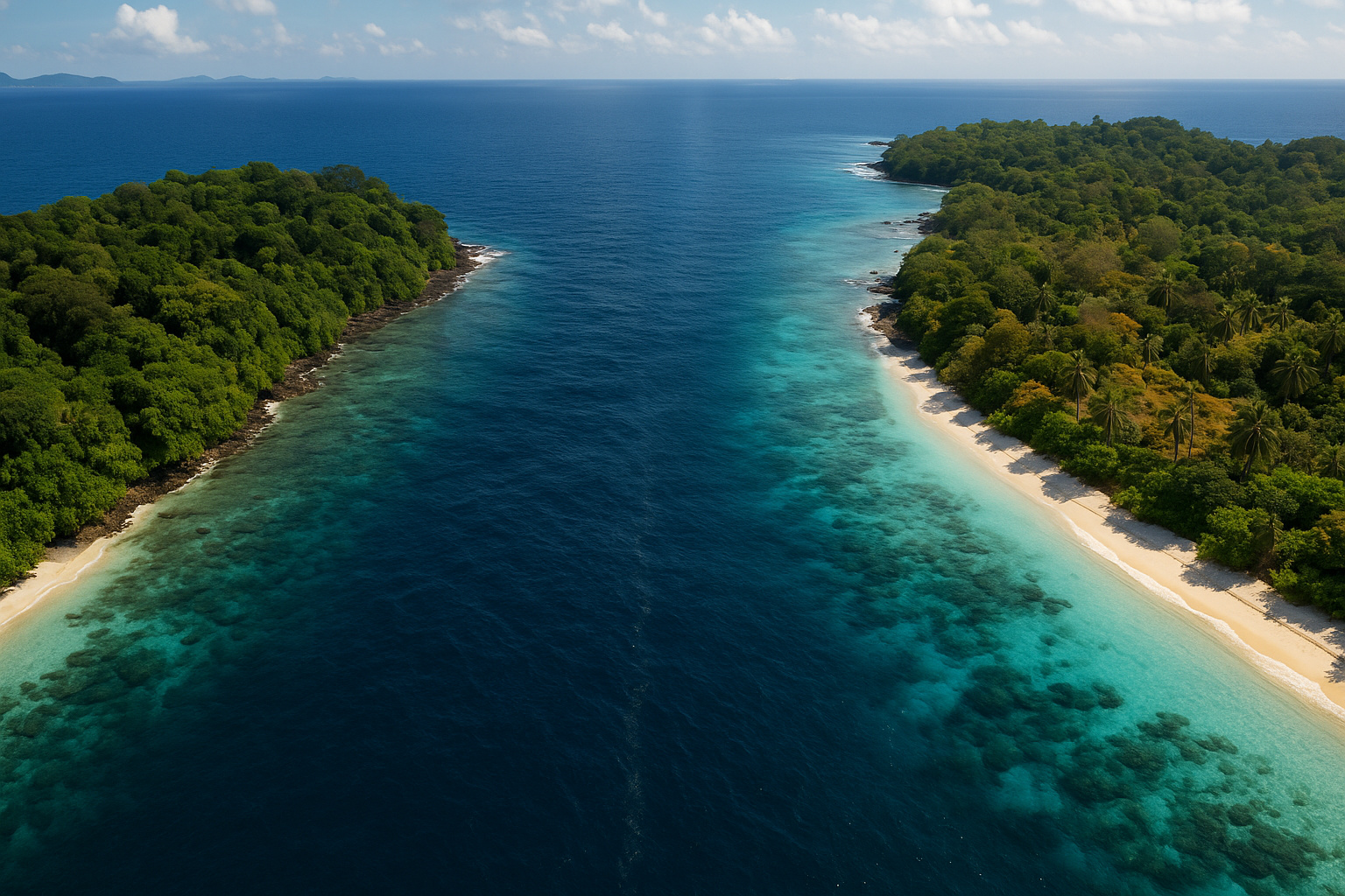 Vista aérea ultra realista de duas ilhas separadas por uma linha oceânica profunda, ilustrando a divisão biológica da Linha de Wallace.