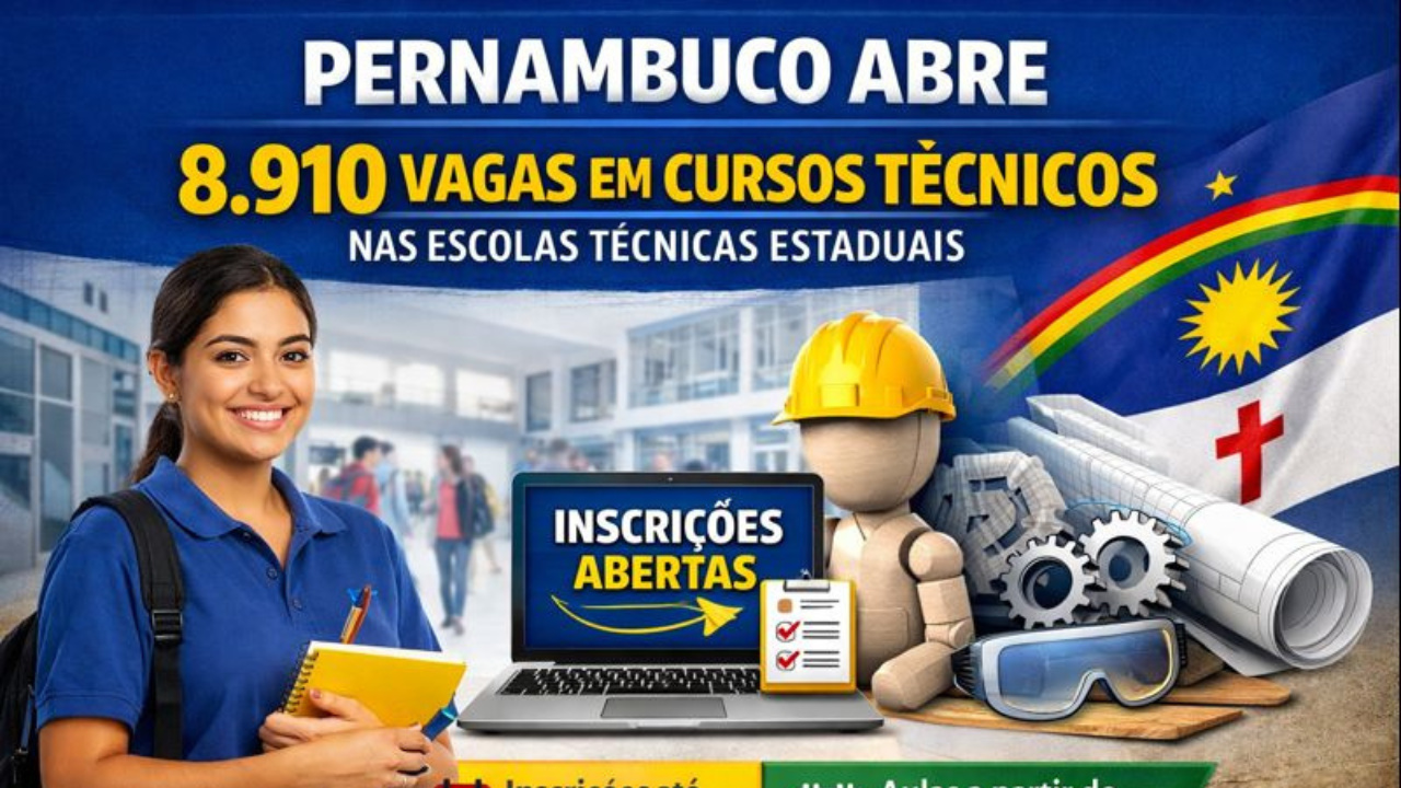 Pernambuco amplia educação profissional com 8.910 vagas em cursos técnicos nas ETEs. Veja prazos e etapas do processo.