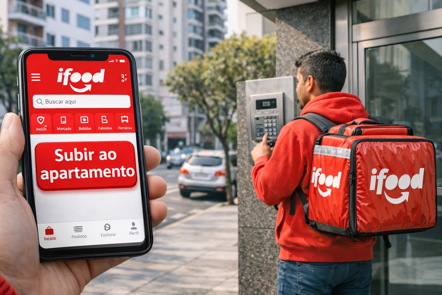 Entregador do iFood com mochila vermelha em frente a um prédio enquanto um celular exibe o botão Subir ao apartamento no aplicativo de delivery