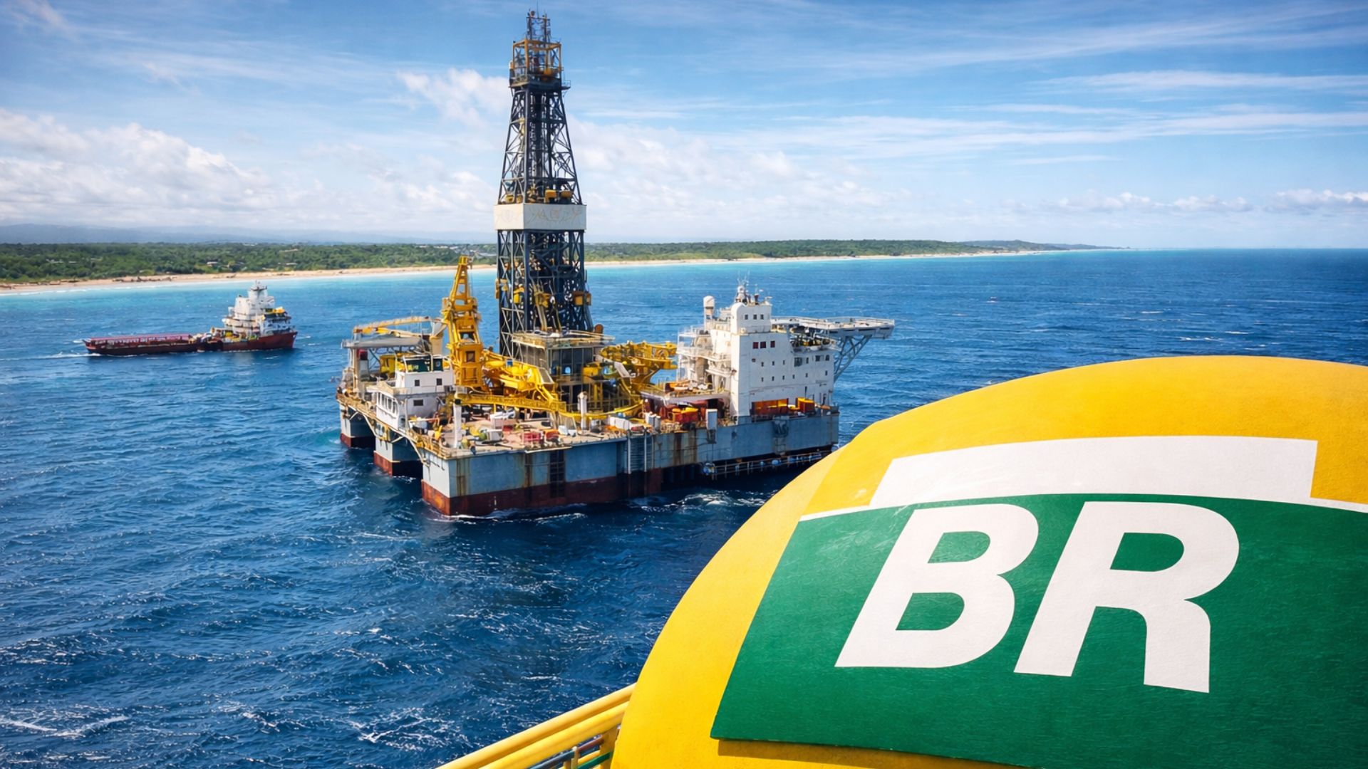 Plataforma de perfuração offshore da Petrobras na Margem Equatorial, com estrutura em águas profundas e logotipo BR em destaque no litoral brasileiro