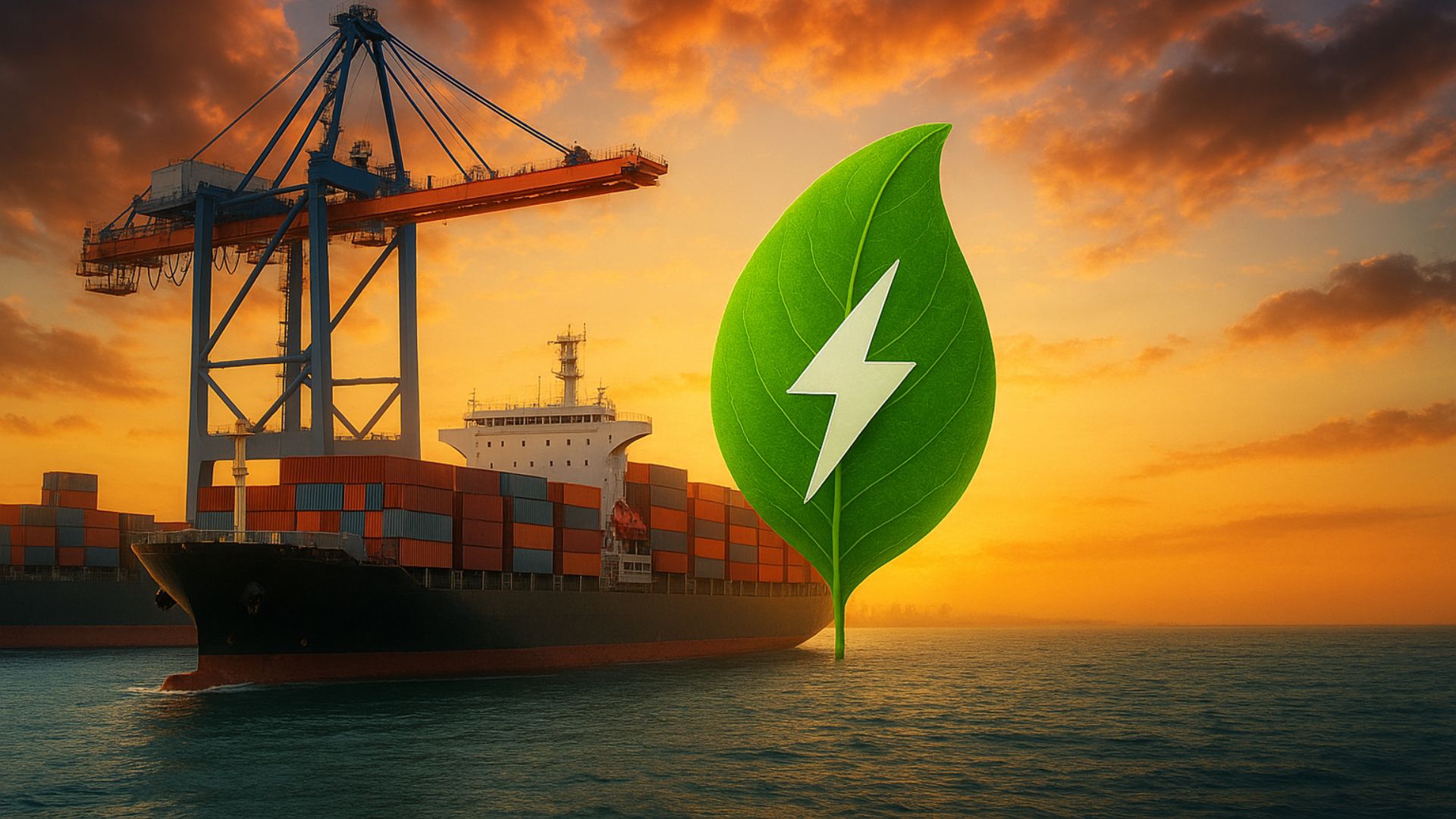 Navio cargueiro navegando ao lado de guindastes portuários ao pôr do sol, com folha verde estilizada representando energia limpa e transição sustentável.