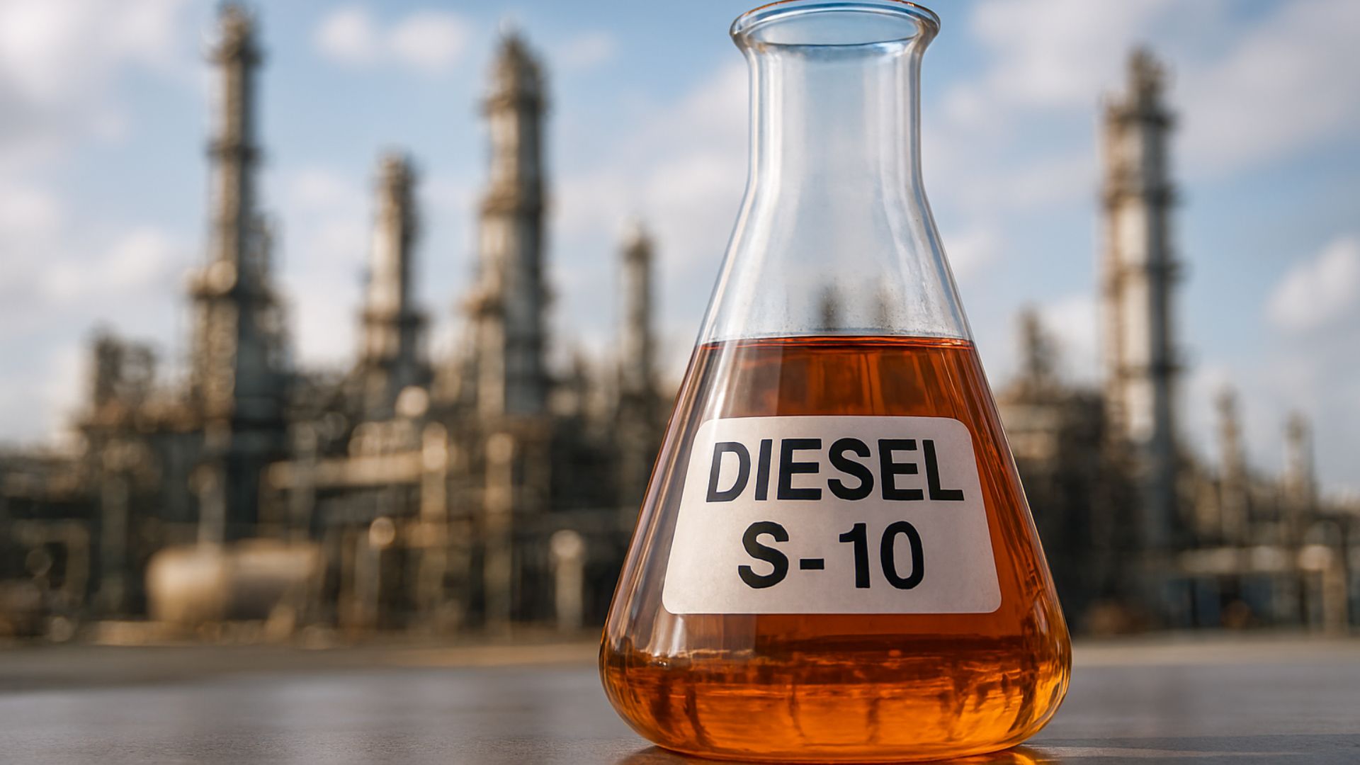 Frasco transparente com diesel S-10 em destaque à frente de uma refinaria industrial desfocada ao fundo.