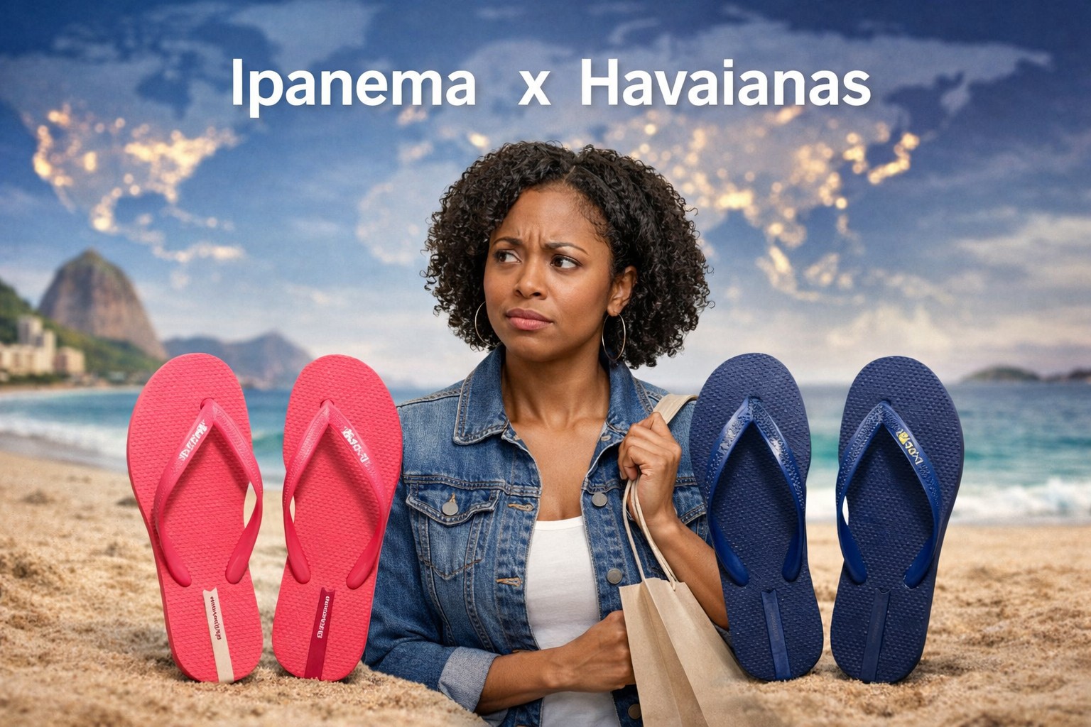 Mulher negra indecisa entre comprar chinelos Ipanema ou sandálias Havaianas, representando a rivalidade entre as marcas brasileiras no mercado global
