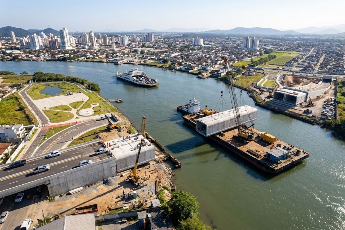 O túnel imerso entre Itajaí e Navegantes promete aposentar a balsa e redefinir a mobilidade regional, encurtando travessias diárias e reorganizando a mobilidade na foz do Itajaí