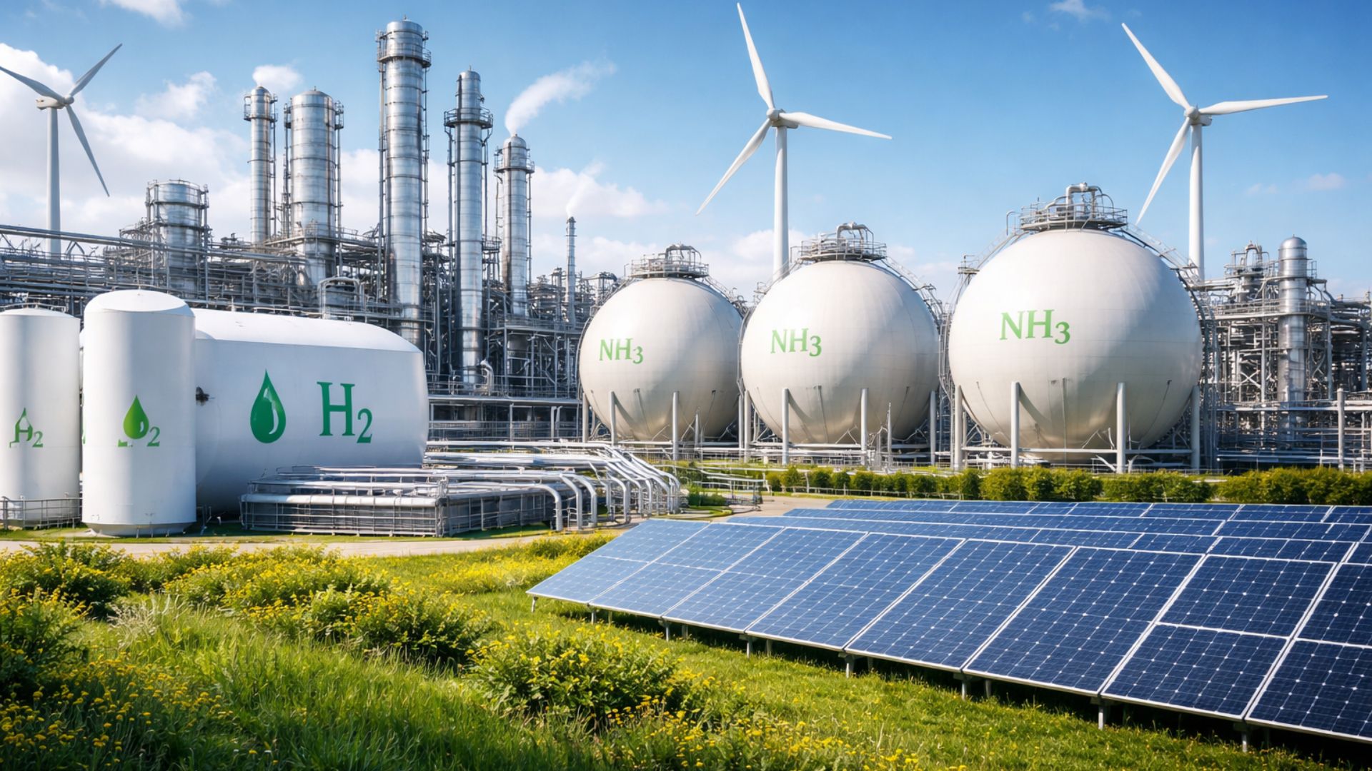 Usina industrial de hidrogênio verde e amônia com tanques de armazenamento, painéis solares e turbinas eólicas, representando a produção de fertilizantes sustentáveis e a transição energética no Nordeste