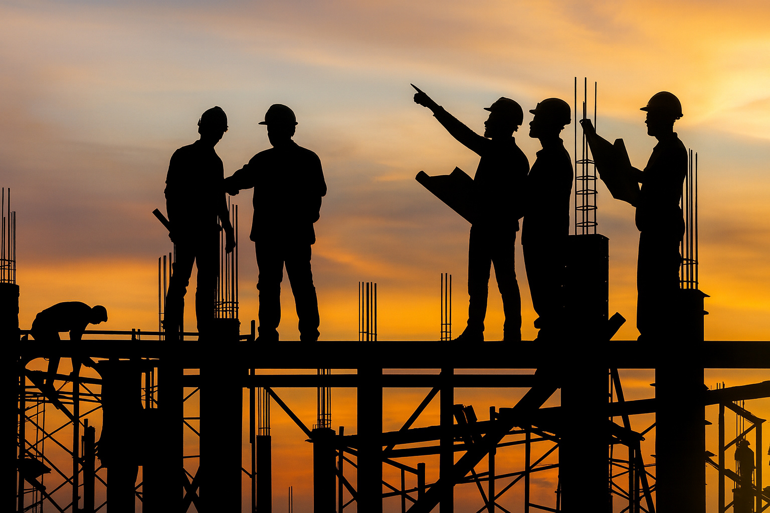 Silhueta de trabalhadores da construção civil sobre estrutura metálica ao entardecer, representando jornada de trabalho, produtividade e debate sobre a escala 6×1 no Brasil.