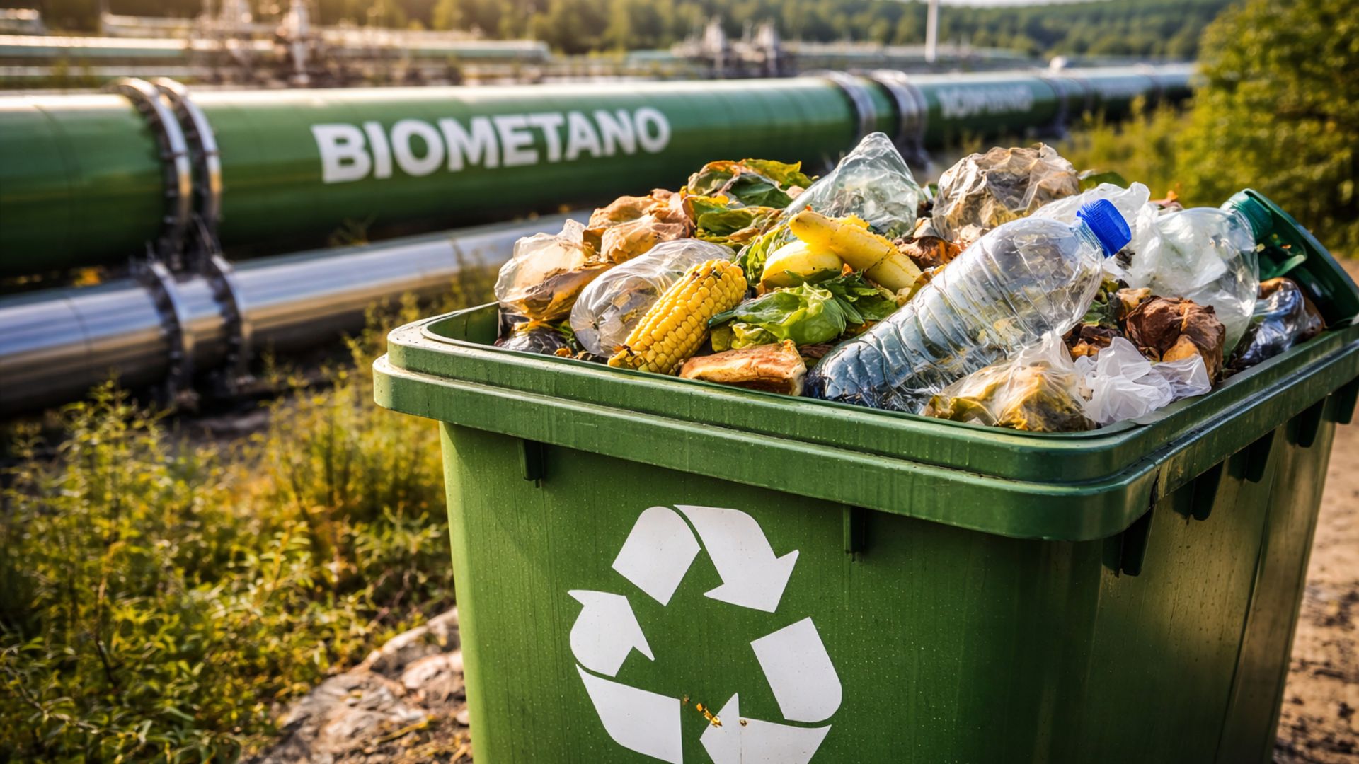 Lixeira verde com símbolo de reciclagem cheia de resíduos urbanos, em primeiro plano, com tubulação de biometano ao fundo representando a conversão do lixo em energia limpa.
