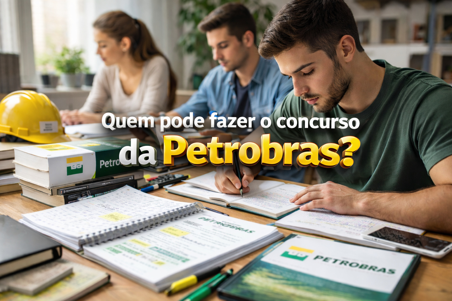 Candidatos estudam para o concurso da Petrobras com materiais didáticos enquanto a frase “Quem pode fazer o concurso da Petrobras?” aparece em destaque.