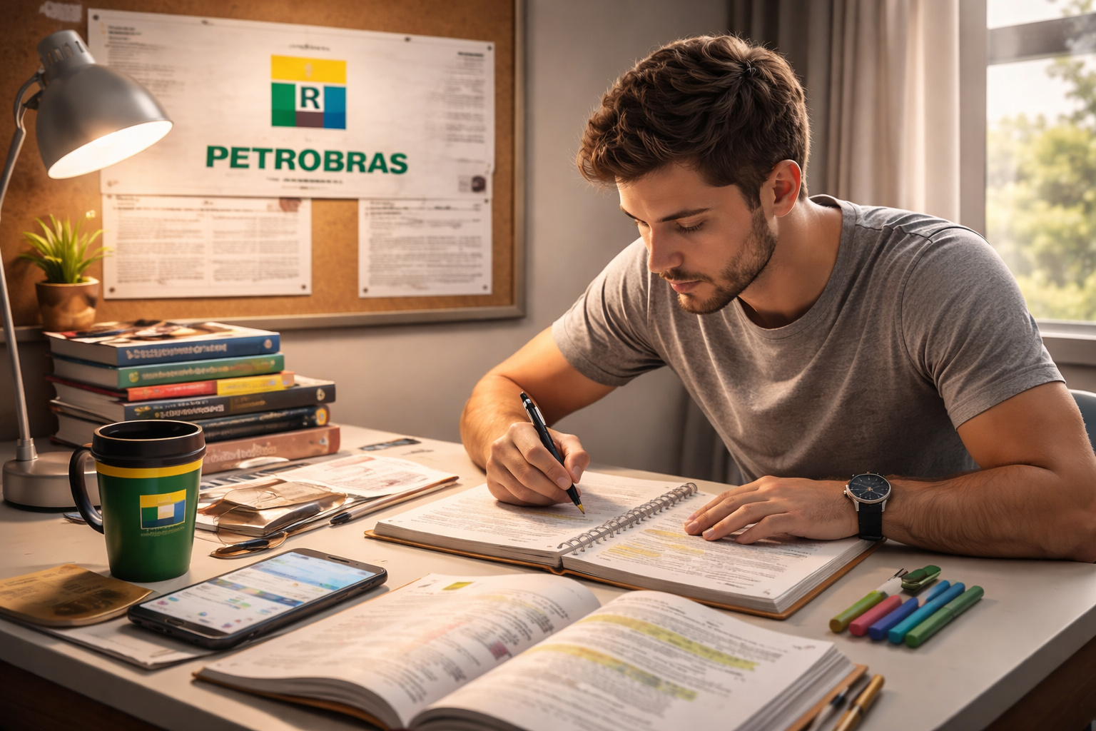 Candidato estudando para o concurso da Petrobras com materiais de estudo organizados e ambiente de preparação focado