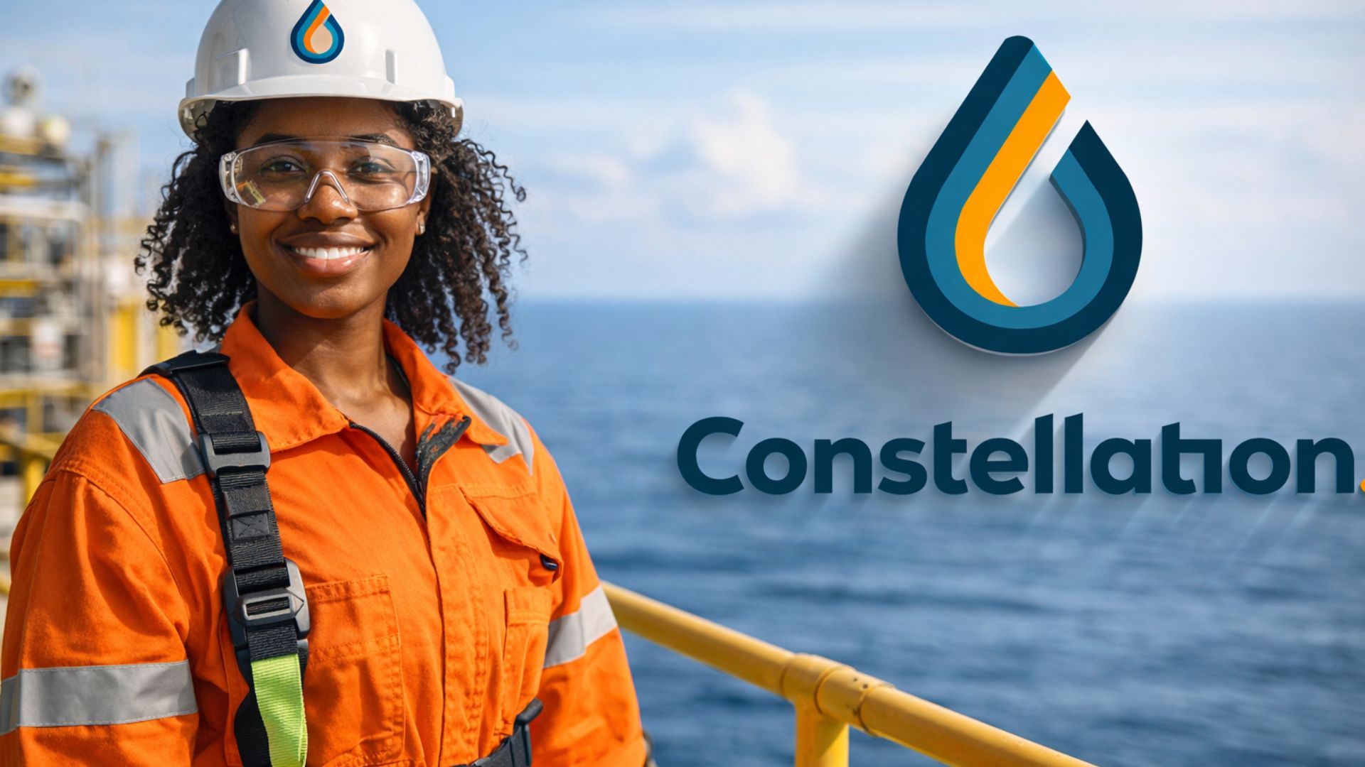 Trainee offshore da Constellation em plataforma marítima, usando EPI completo, com o oceano ao fundo e o logotipo da empresa em destaque