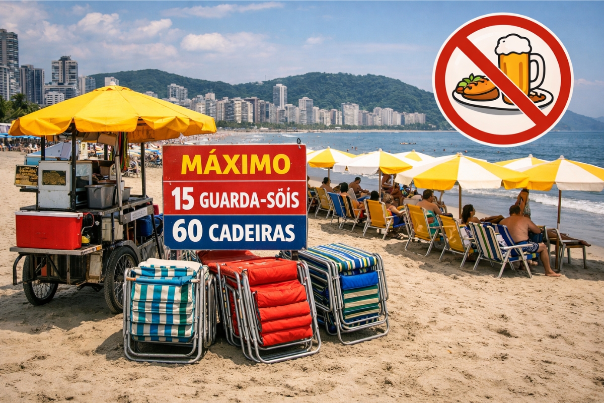 Cidade do litoral de SP proibiu a consumação mínima na praia e limitou 15 guarda sóis e 60 cadeiras por carrinho