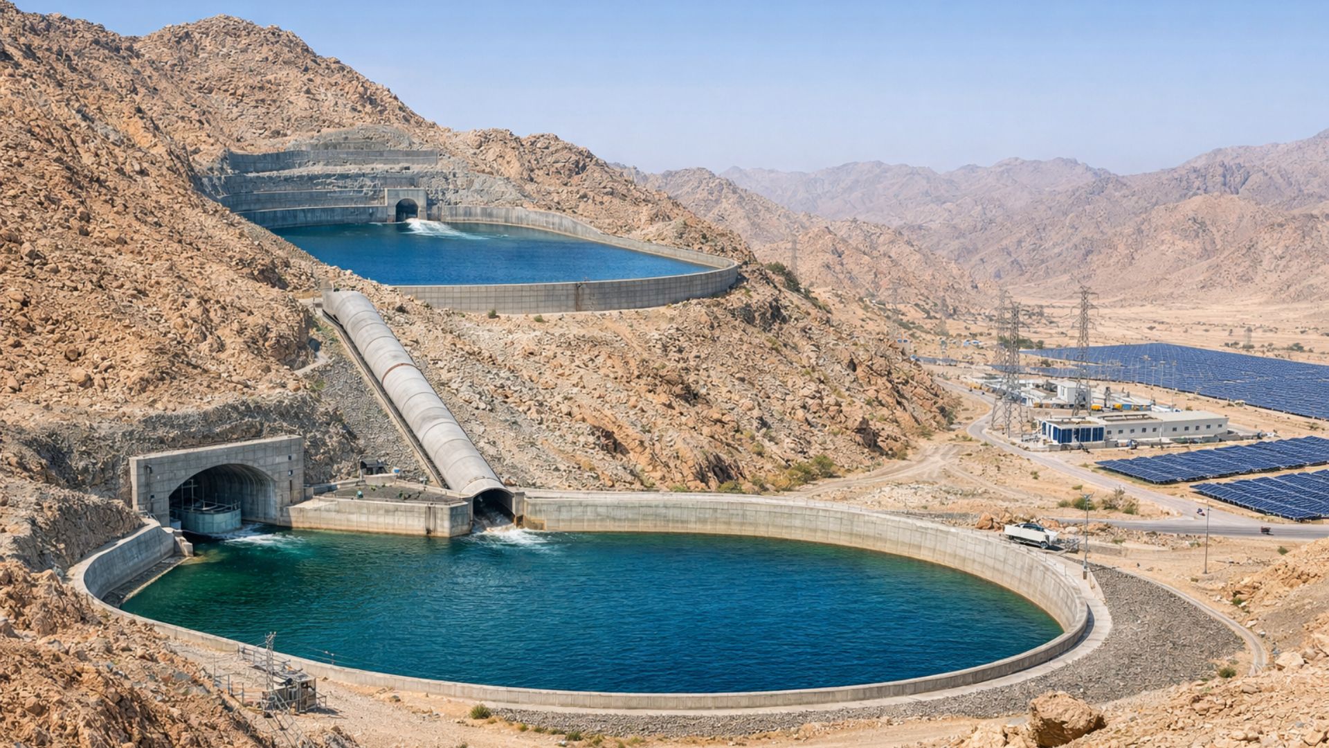 Hidrelétrica reversível em Hatta transforma água em bateria, integra energia solar e reforça a segurança elétrica de Dubai em ambiente desértico.