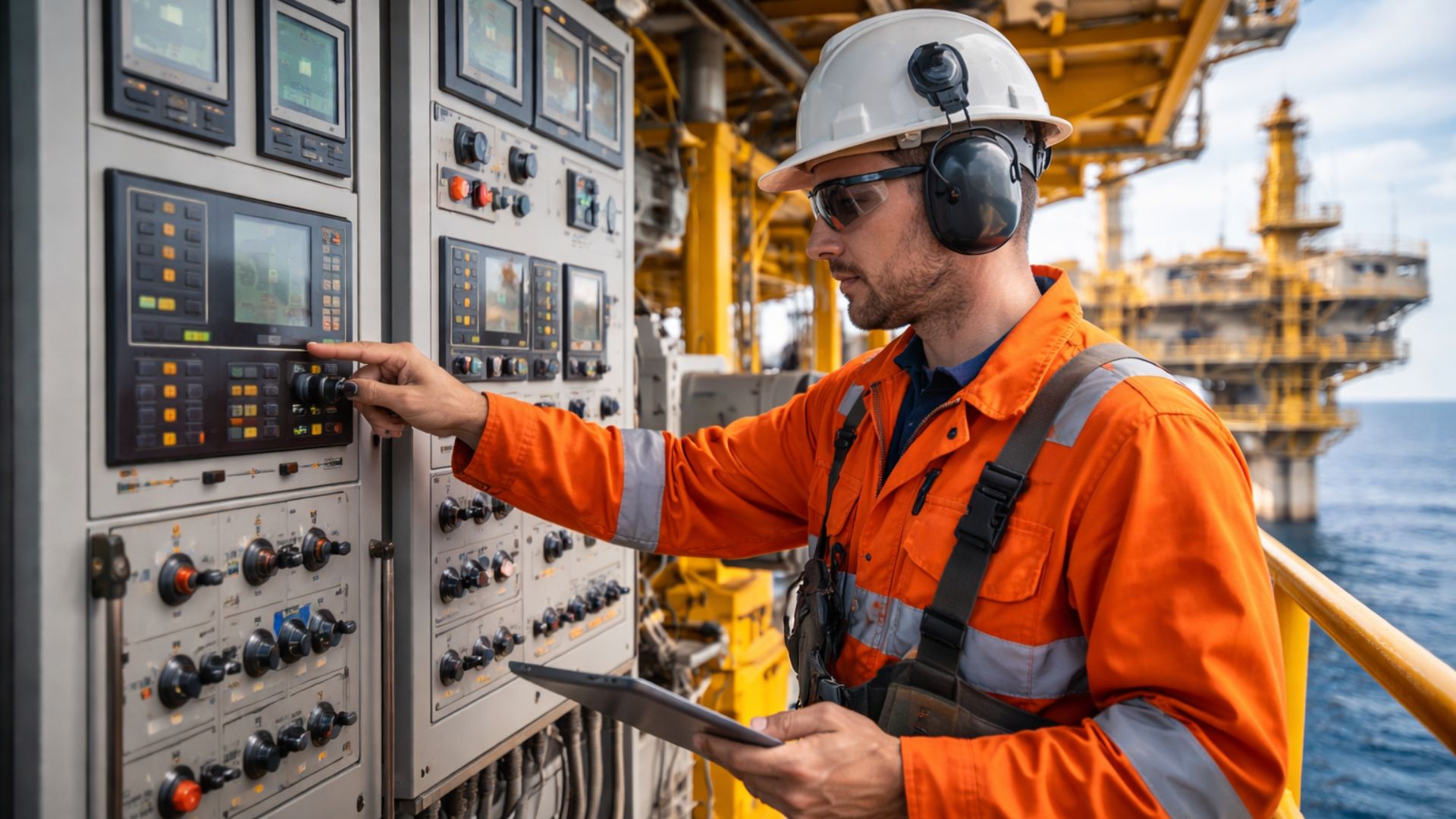 Instrumentista offshore operando painéis de controle e sistemas de automação em plataforma de petróleo, utilizando equipamentos de segurança e monitorando sistemas críticos em alto-mar.