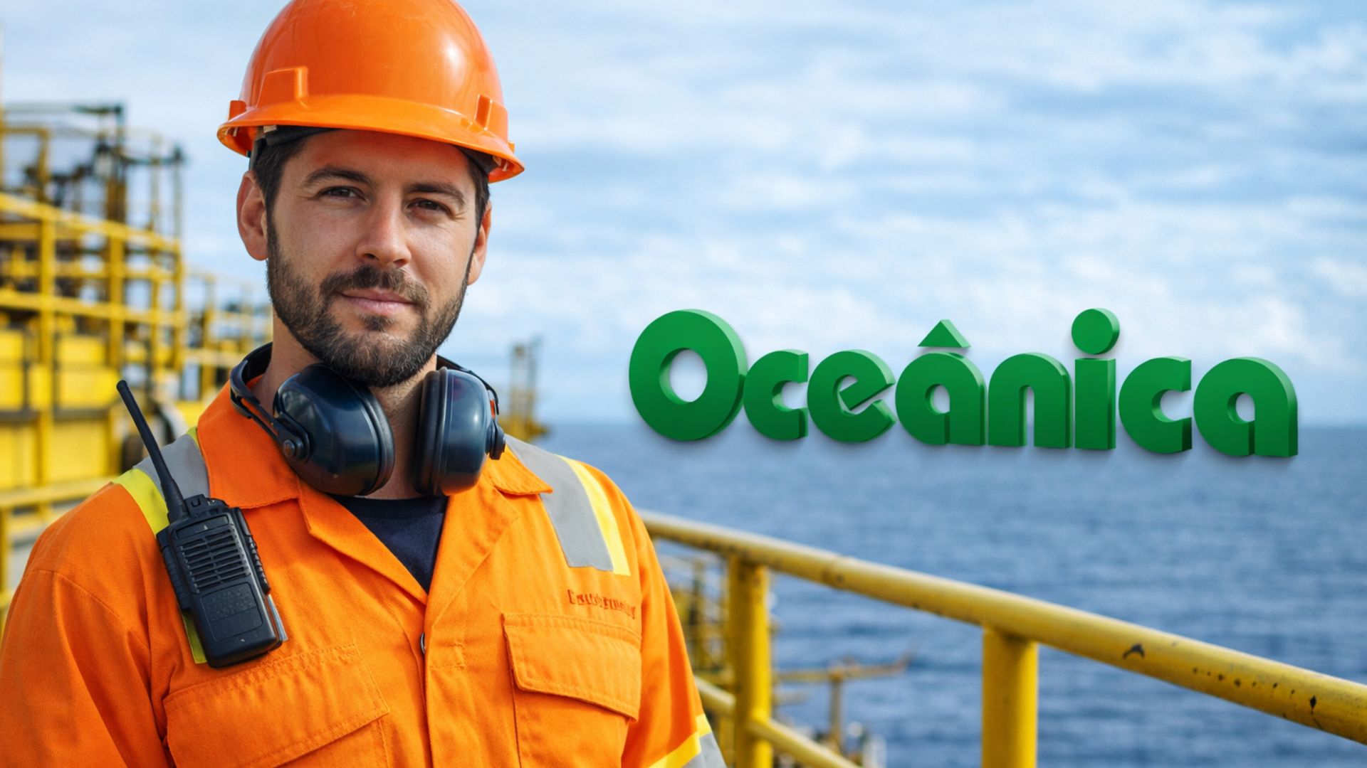 Trabalhador offshore usando EPI completo em plataforma marítima, com logotipo da Oceânica ao fundo, representando vaga de emprego para técnico de segurança do trabalho embarcado.