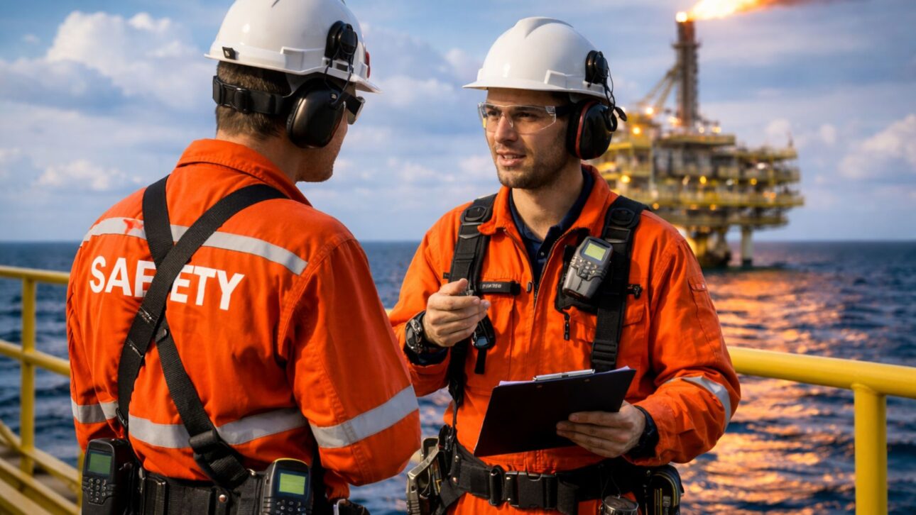 Técnicos em segurança offshore conversam em plataforma de petróleo durante operação embarcada, com uso de equipamentos de proteção e monitoramento de riscos.