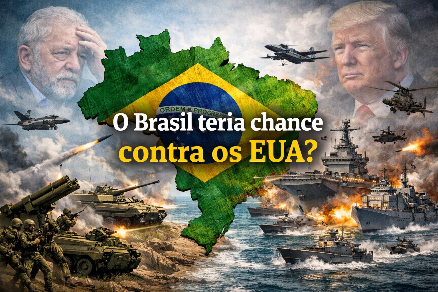 Mapa político destacando Brasil, EUA e Venezuela com clima jornalístico sobre defesa nacional, Trump, Maduro e narcotráfico