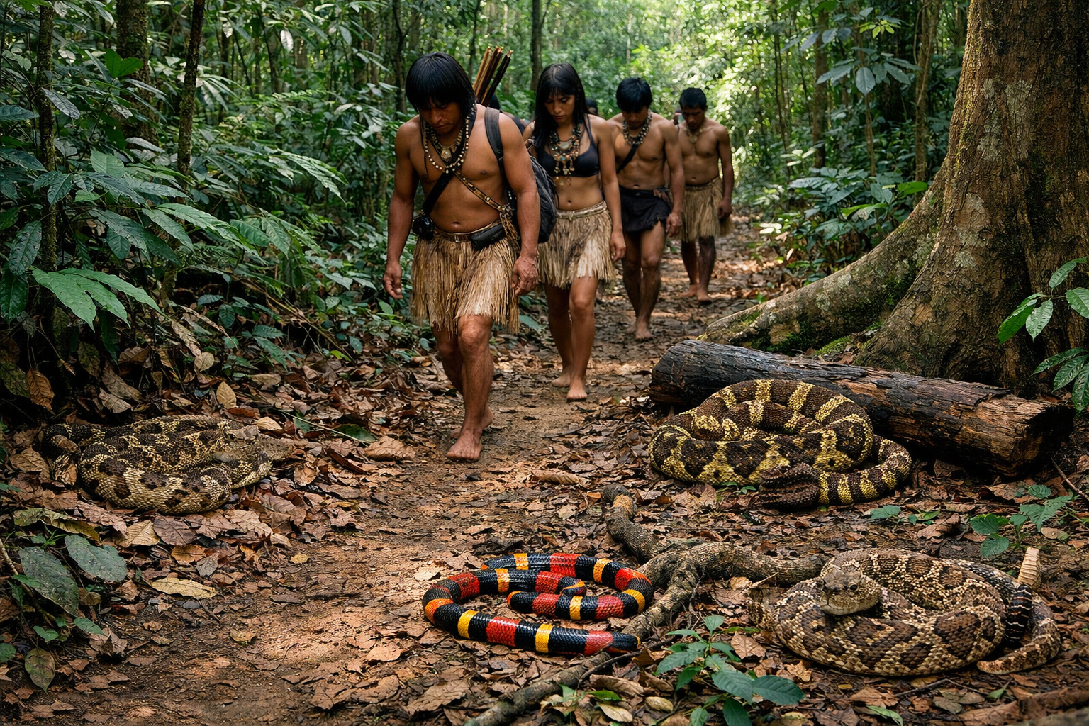 Indígenas amazônicos caminhando descalços na floresta, atentos ao solo para evitar cobras venenosas