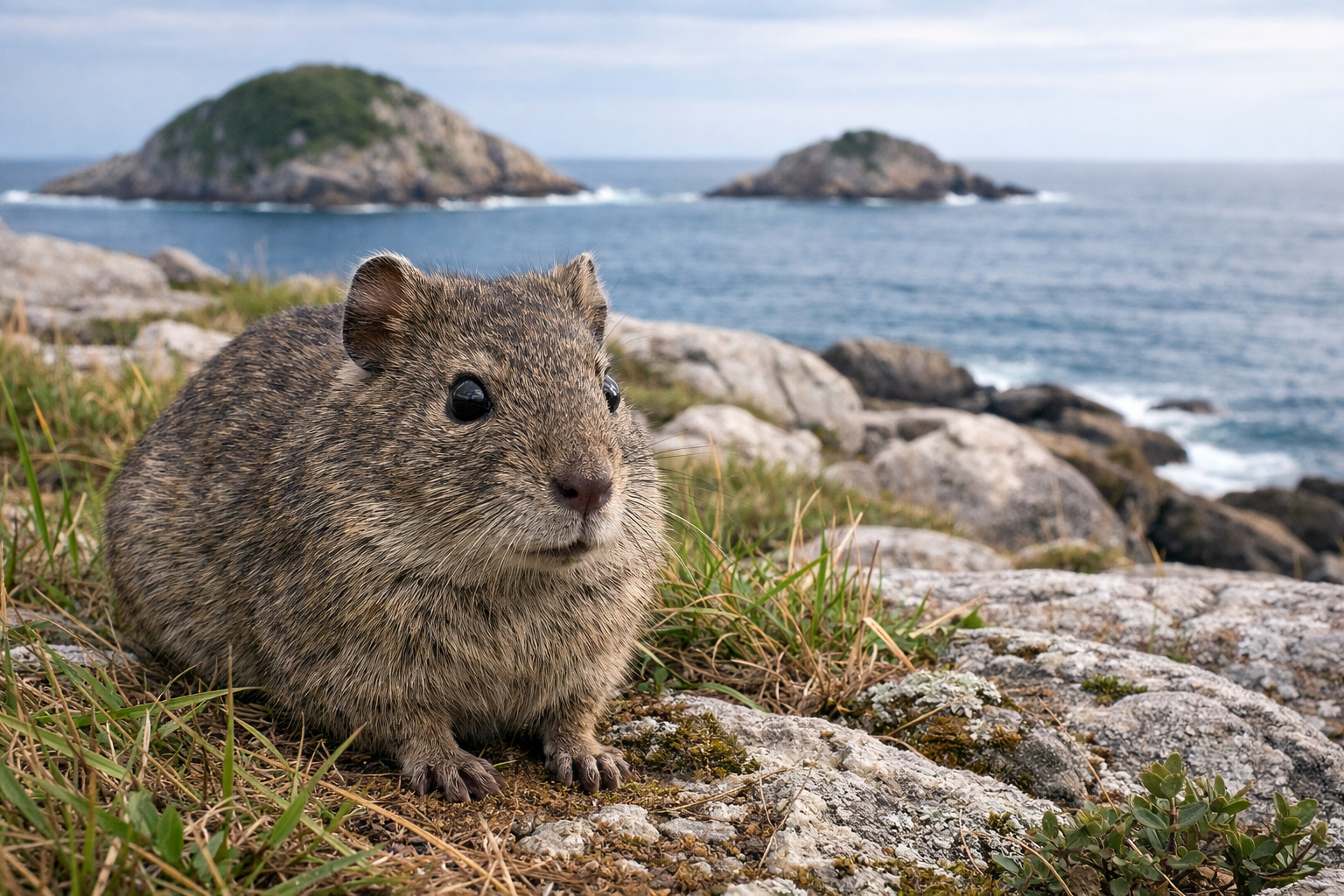 Preá-de-Moleques-do-Sul em ilha rochosa de Santa Catarina, mamífero mais raro do mundo.