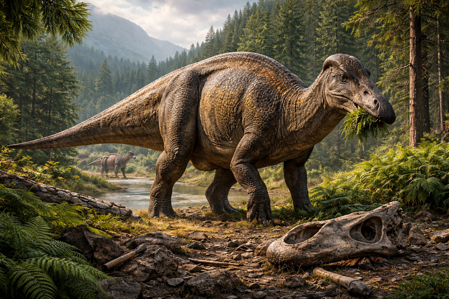 Dinossauro herbívoro do Cretáceo em ambiente florestal, representando a nova espécie identificada a partir de fóssil coletado em 1916 no Novo México.