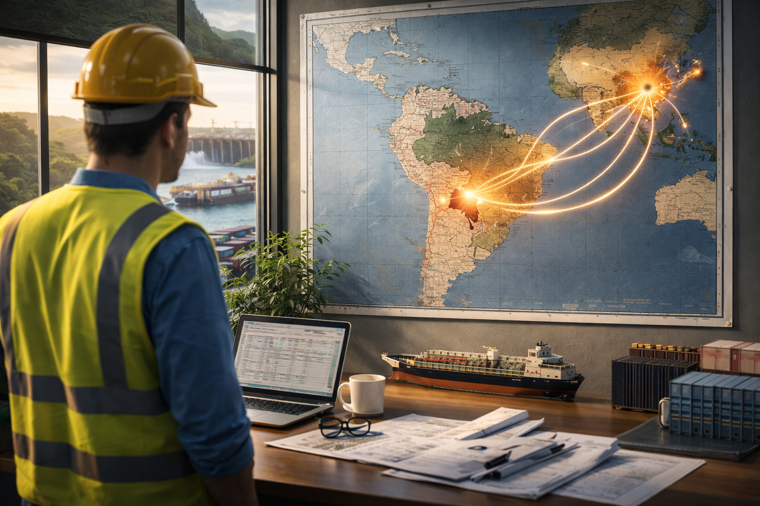 Executivo industrial observa mapa da América do Sul com rotas comerciais ligando país vizinho do Brasil à Ásia, simbolizando expansão das exportações e estratégia para dobrar o PIB.