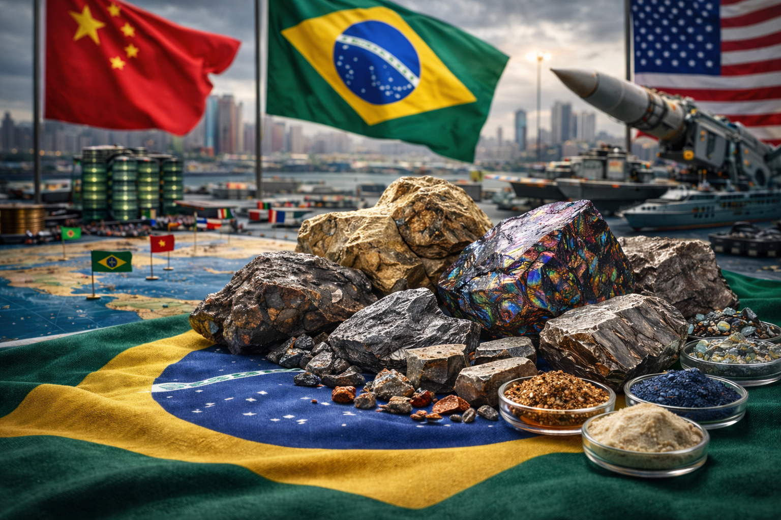 Amostras de terras raras sobre a bandeira do Brasil com bandeiras da China e dos Estados Unidos ao fundo, simbolizando disputa geopolítica por lantânio, neodímio e térbio.