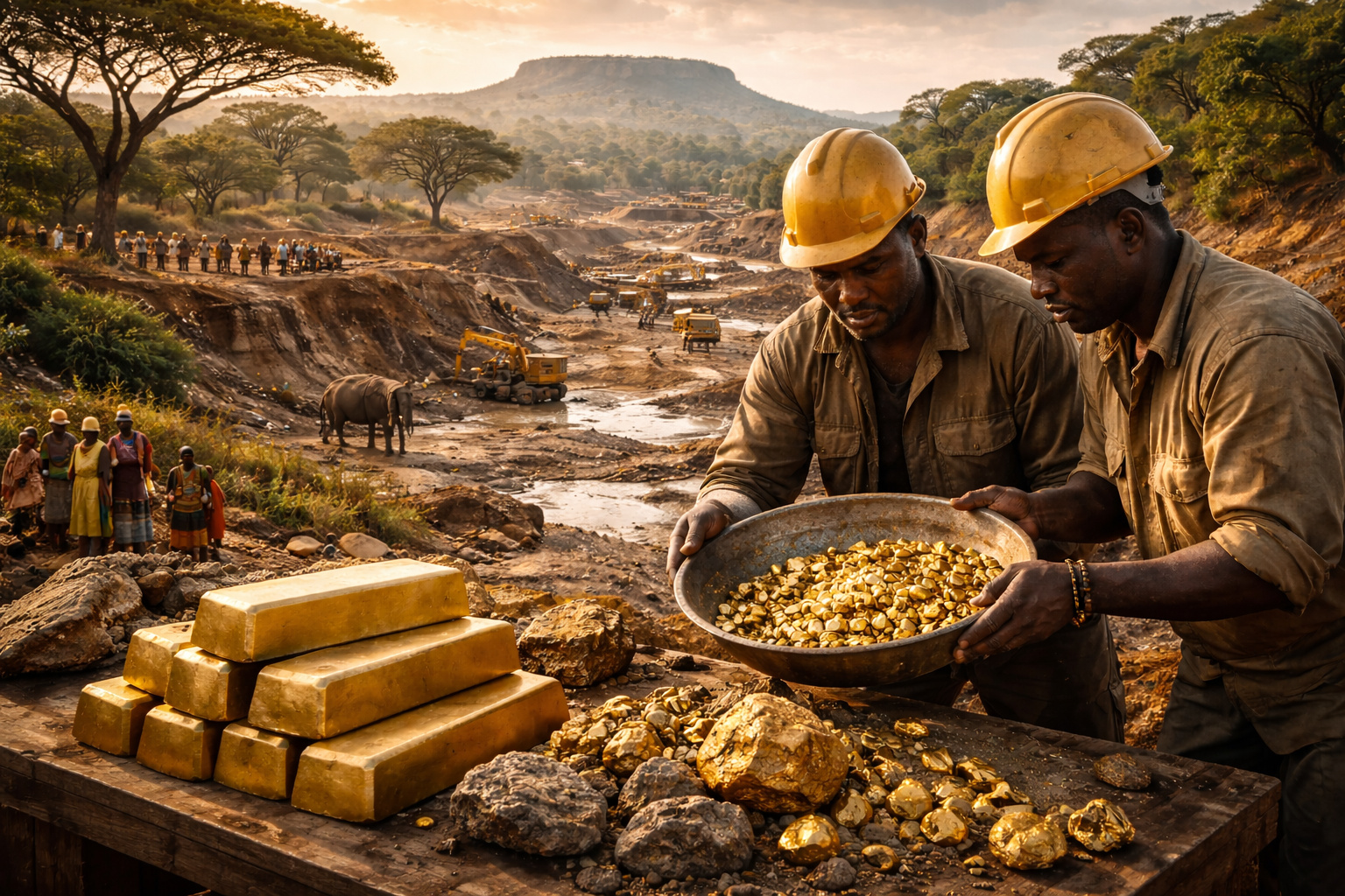 Mineração de ouro em país africano com trabalhadores, barras de ouro e paisagem típica da savana, representando grandes reservas minerais.