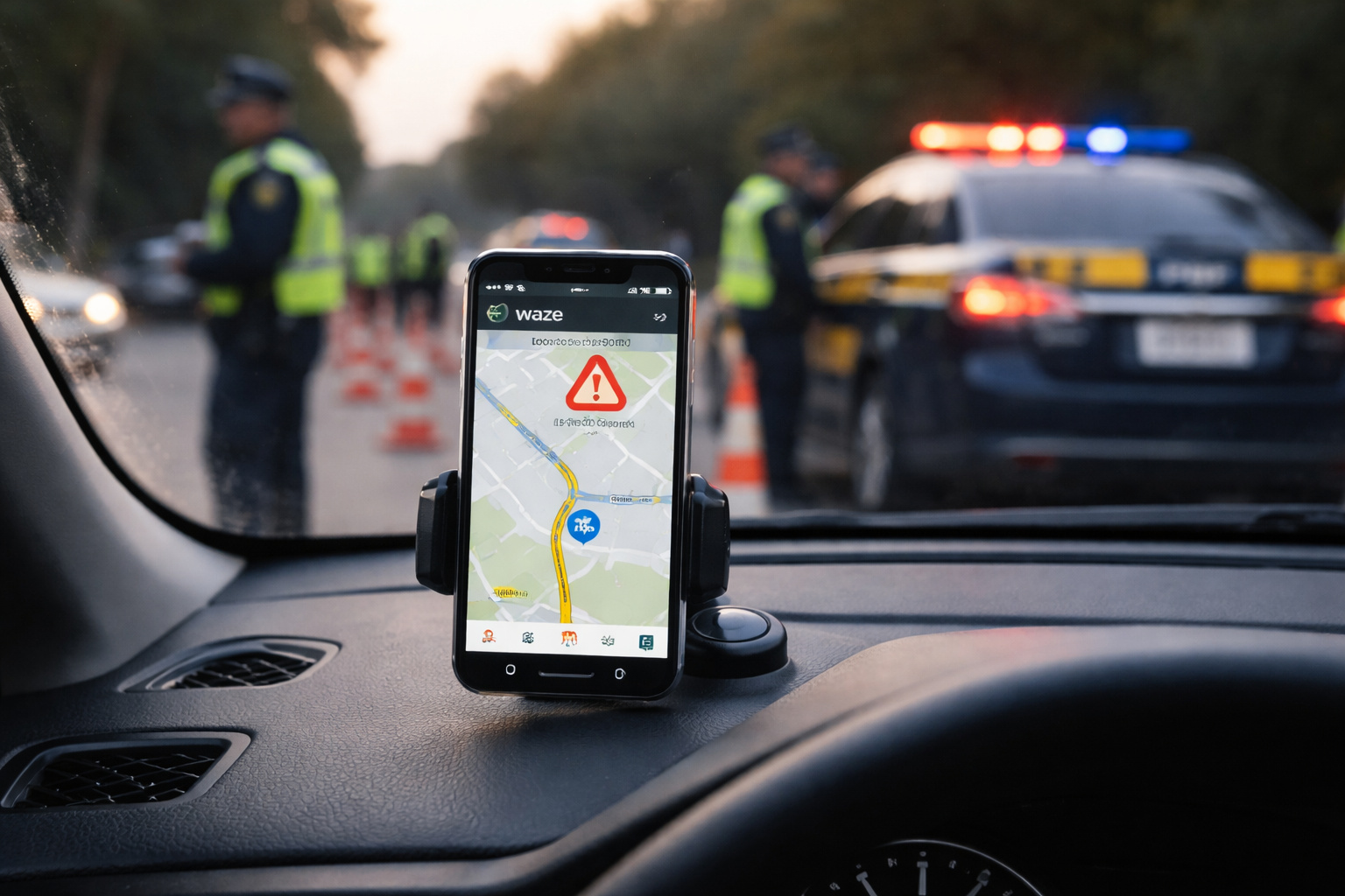 Motorista parado em blitz policial com celular fixado no painel exibindo aplicativo de navegação e agentes da PRF ao fundo durante fiscalização na rodovia.