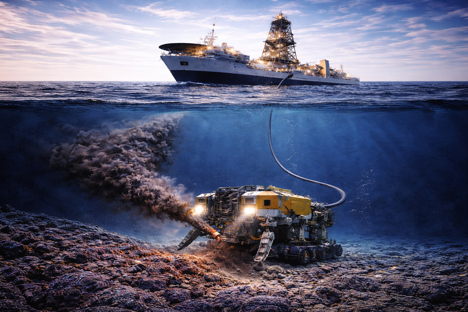 Navio de pesquisa japonês na superfície do oceano conectado por tubulação a veículo submarino que realiza extração de sedimentos ricos em terras raras a 6.000 metros de profundidade em Minami Torishima.