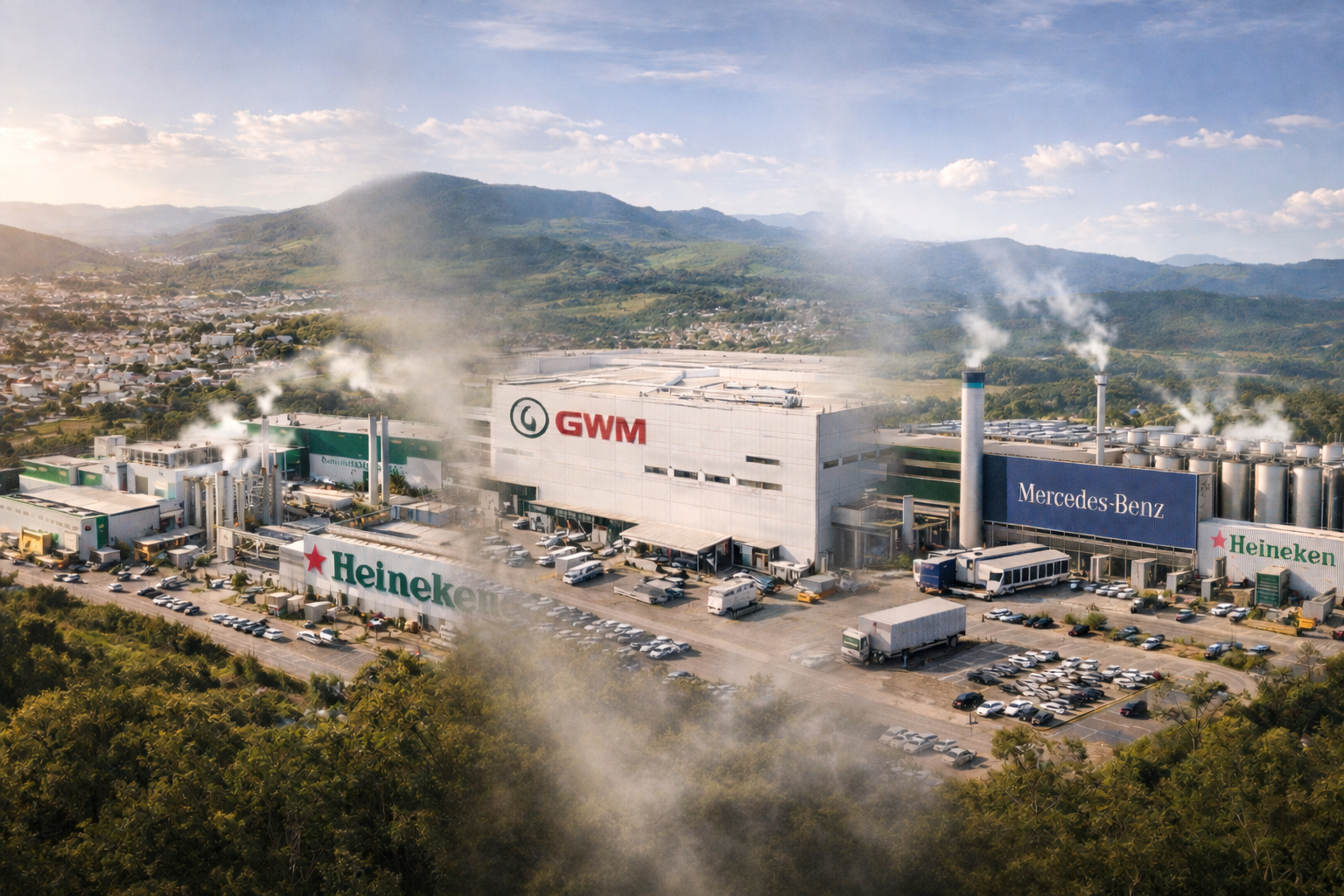 Fábricas da Heineken, GWM e Mercedes-Benz instaladas no interior do Brasil em cenário industrial integrado à paisagem rural