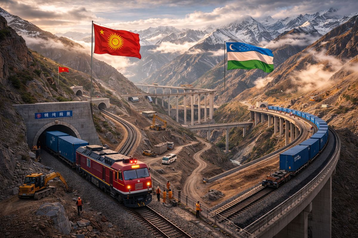 Nova ferrovia entre China, Quirguistão e Uzbequistão reúne 29 túneis e 50 pontes em 120 km e vira teste de engenharia e integração logística na Ásia Central.