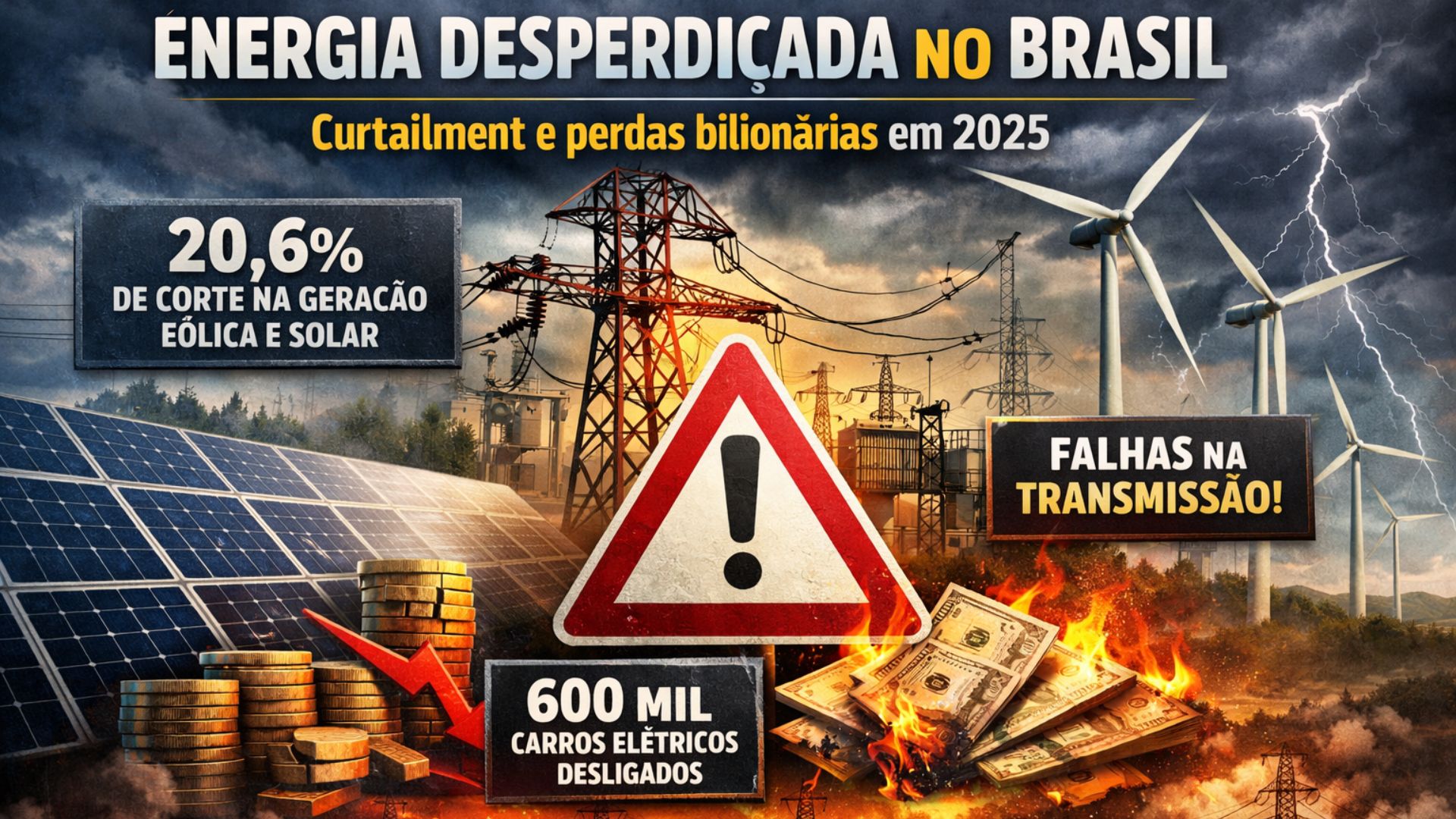 Usinas solares e turbinas eólicas ao lado de torres de transmissão sob céu dramático, com alerta de 20,6% de cortes na geração renovável e perdas bilionárias no Brasil em 2025.