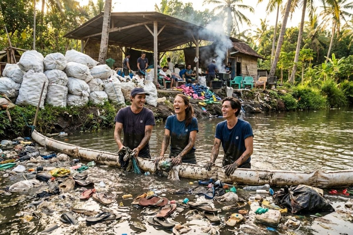 lixo dos rios em Bali e Java: três irmãos usam barreiras e reciclagem para retirar resíduos e pressionar políticas contra descartáveis.