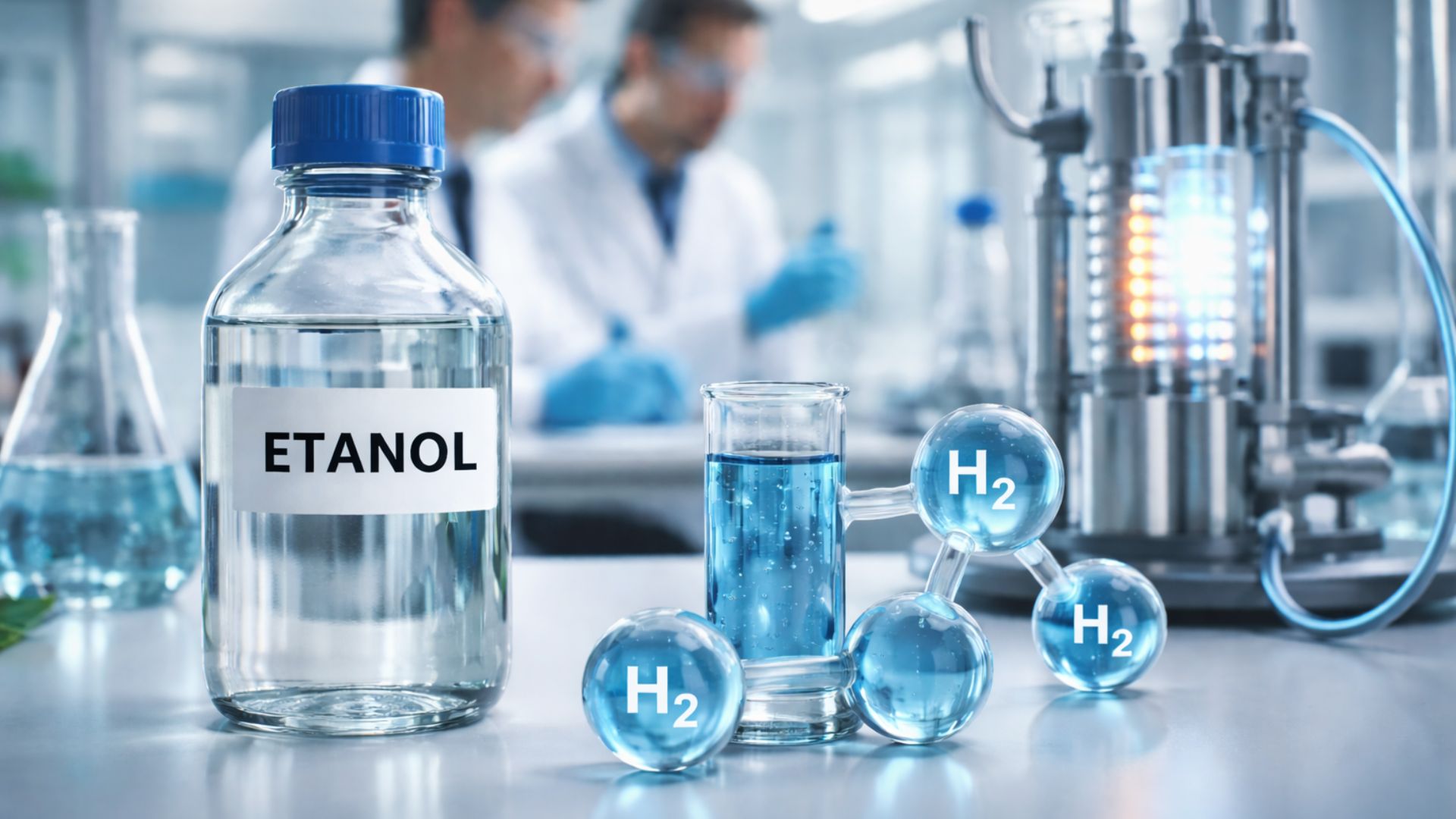 Frasco de etanol em destaque em laboratório enquanto cientistas desfocados trabalham em sistema experimental de produção de hidrogênio a partir do biocombustível.