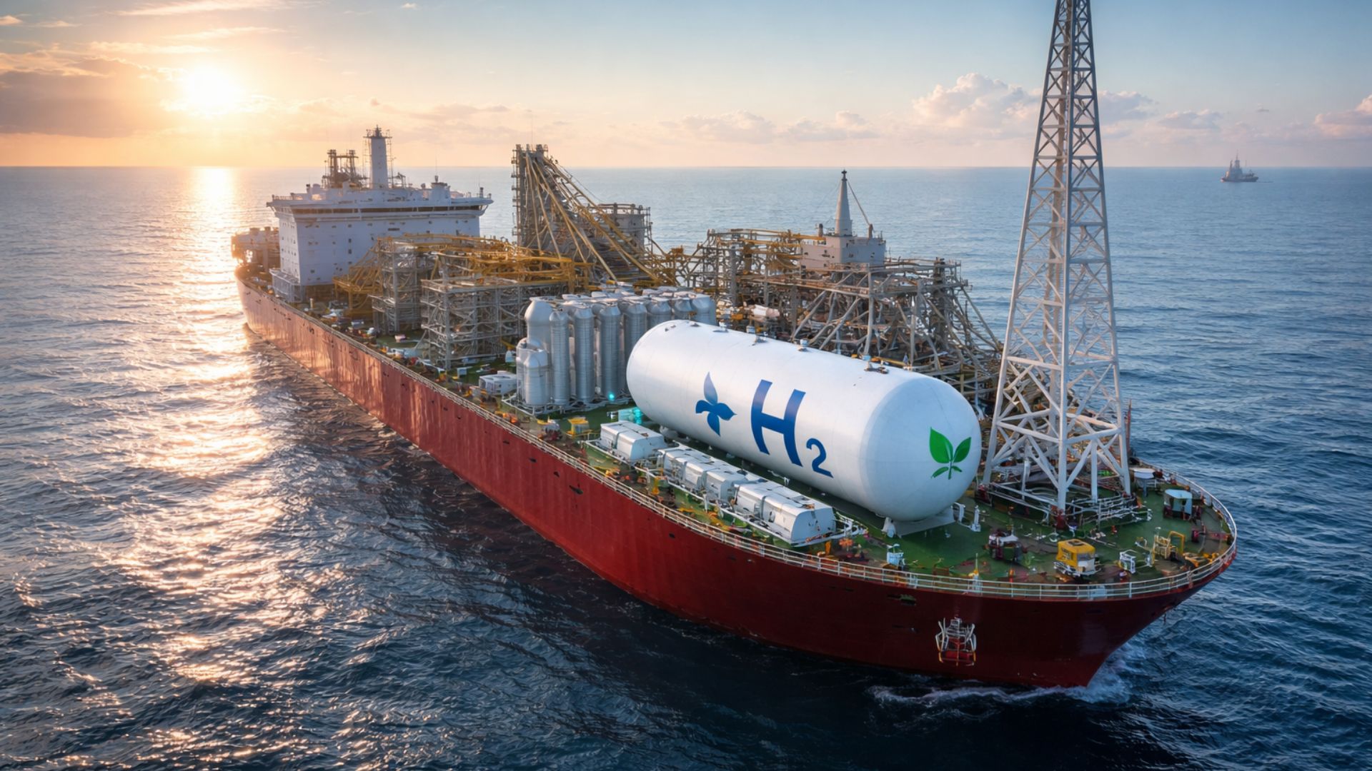 FPSO em alto-mar utilizando sistema de hidrogênio para geração de energia limpa em plataforma offshore ao pôr do sol