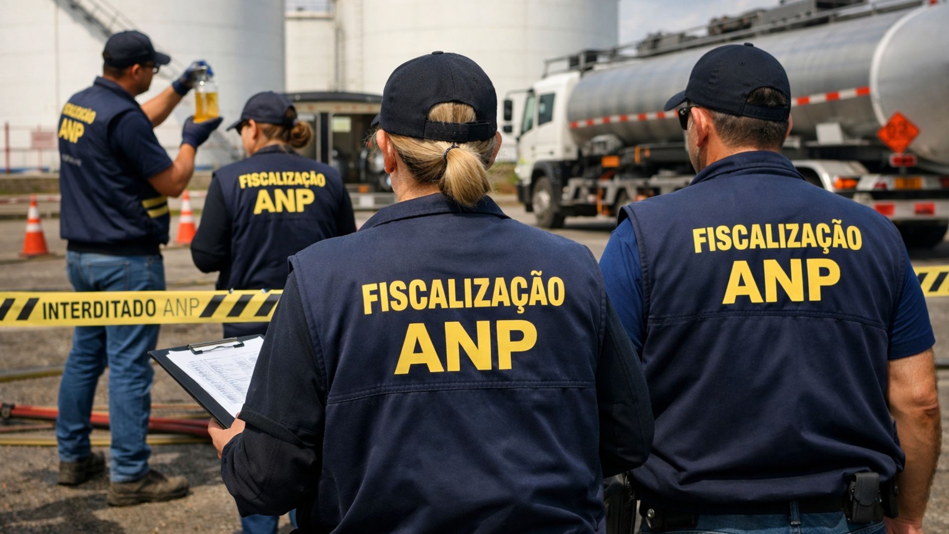 Agentes da ANP realizam fiscalização em terminal de combustíveis em Paulínia (SP), com tanques industriais ao fundo e colete escrito “Fiscalização ANP”.