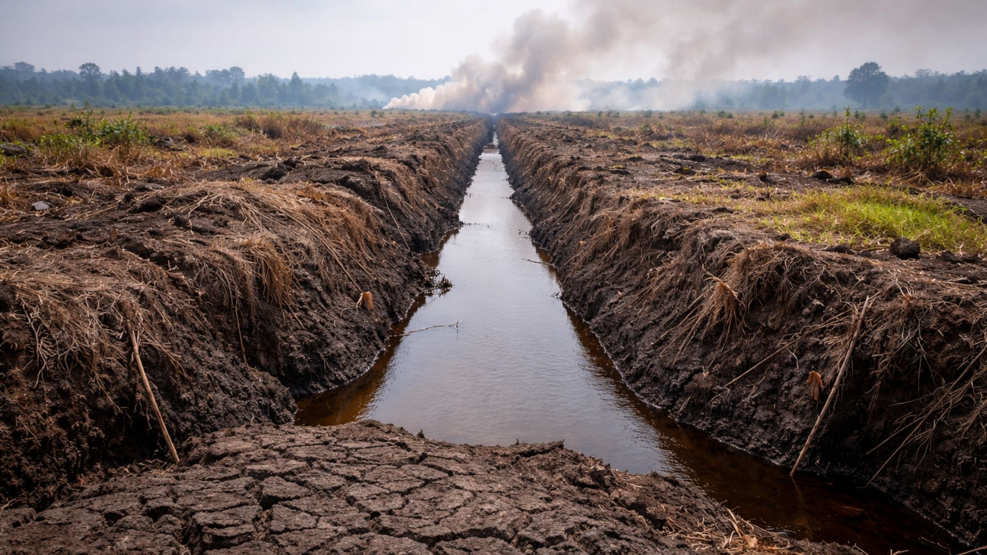 Drenagem de turfeiras na Indonésia transformou o solo em combustível, intensificou incêndios, espalhou fumaça regional e ampliou emissões de carbono.