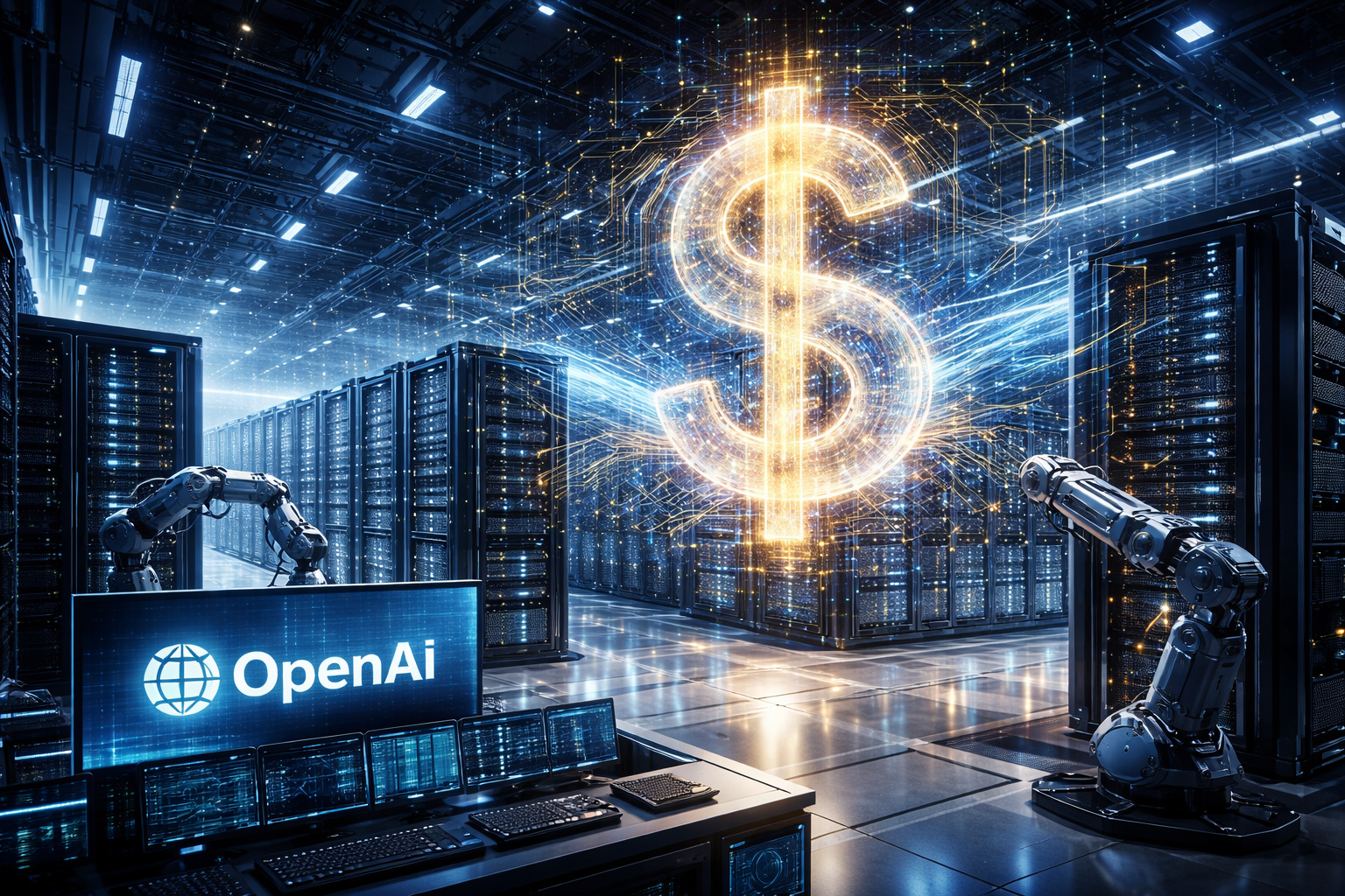 Data center de grande escala com servidores de alta performance e sistemas automatizados, representando investimentos bilionários em computação para inteligência artificial.