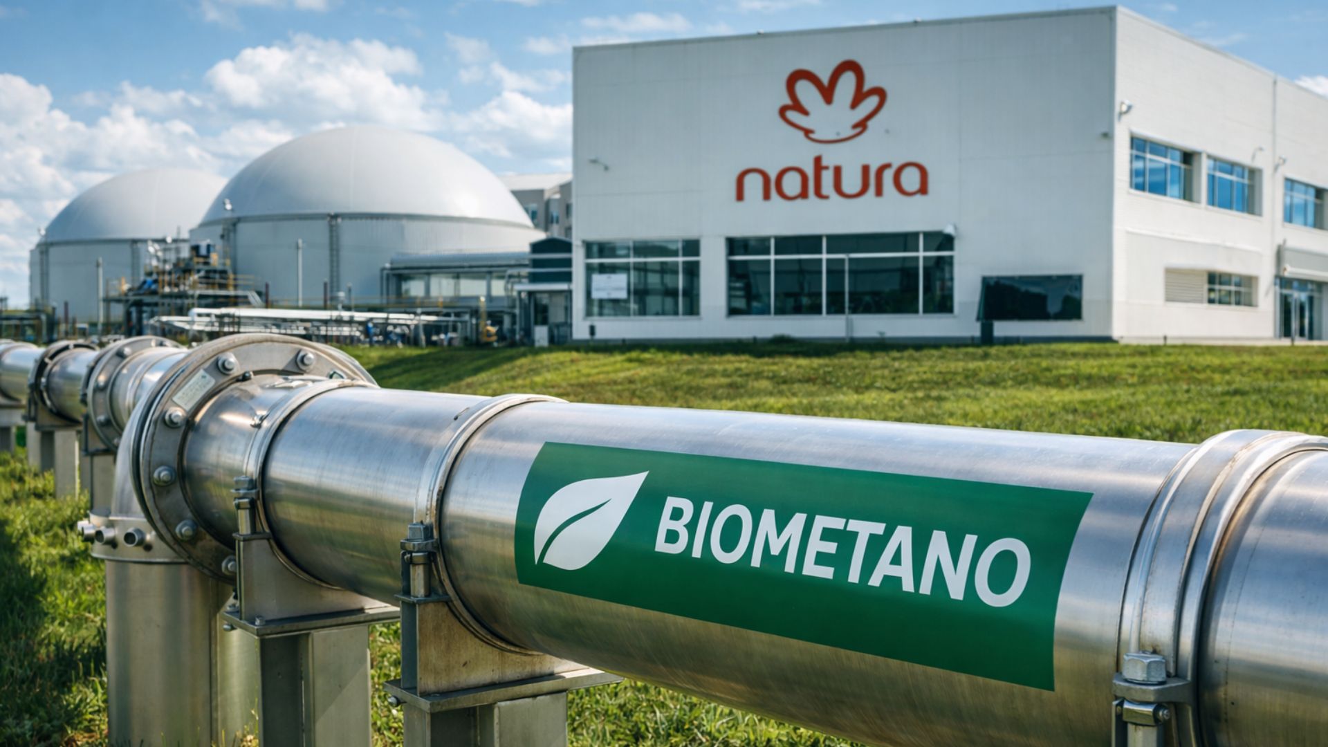 Tubulação metálica de biometano em primeiro plano com unidade industrial da Natura ao fundo em área verde.