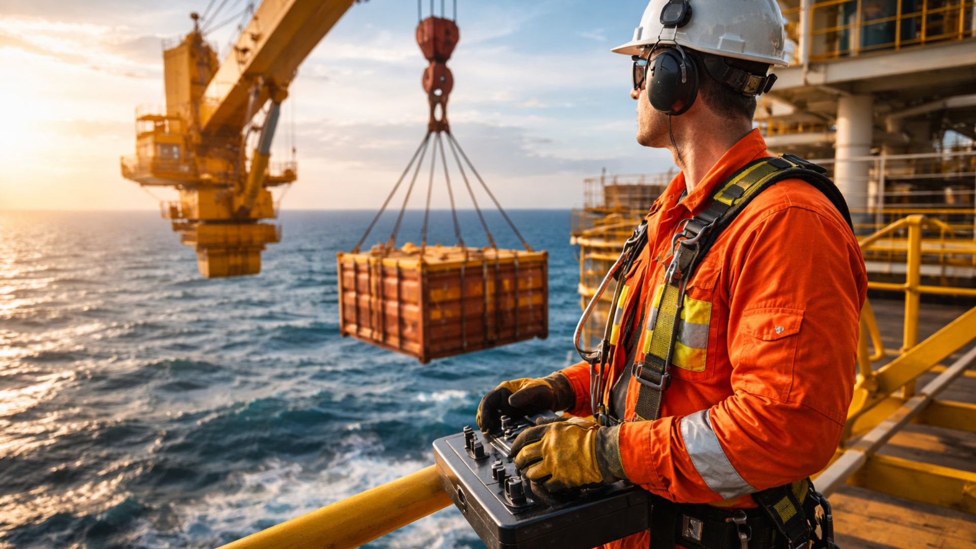 Operador de guindaste offshore em plataforma de petróleo movimentando carga suspensa sobre o mar durante operação embarcada.
