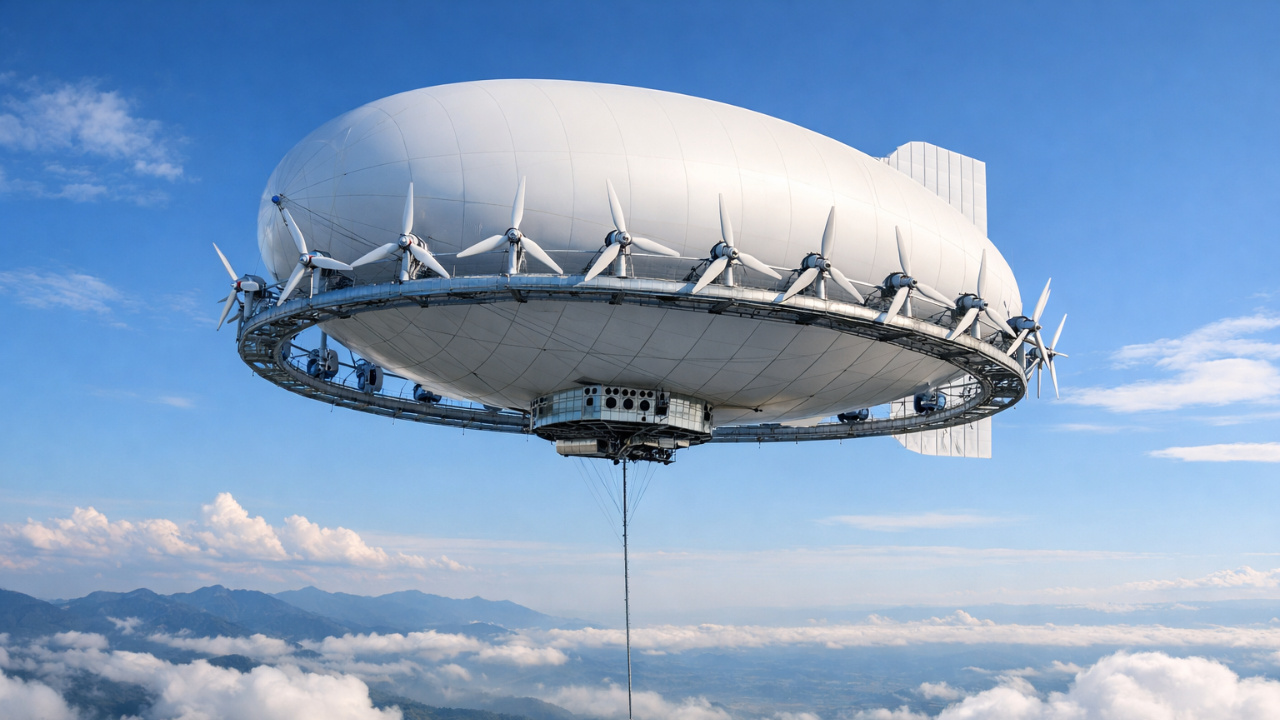 Dirigível chinês transforma conceito de energia eólica ao operar a 2 mil metros de altitude, gerando até 3 MW sem torres gigantes, ruído urbano ou impacto visual tradicional.