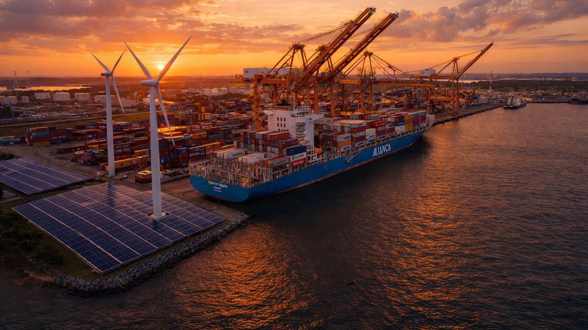 Navio porta-contêiner atracado no Porto de Suape ao pôr do sol, com guindastes laranja, turbinas eólicas e painéis solares ao lado do terminal de cargas.