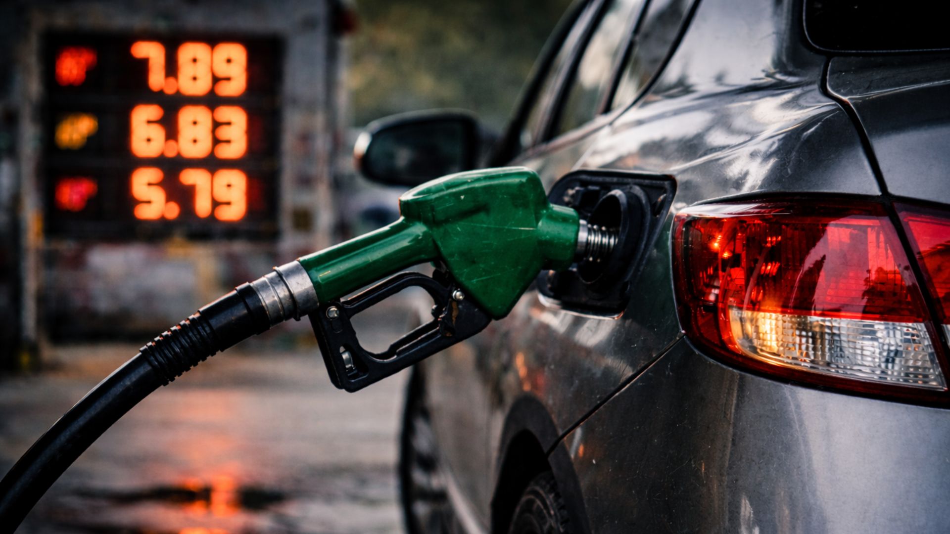 Carro cinza sendo abastecido em posto de combustível com bomba verde e painel de preços desfocado ao fundo indicando valores elevados.