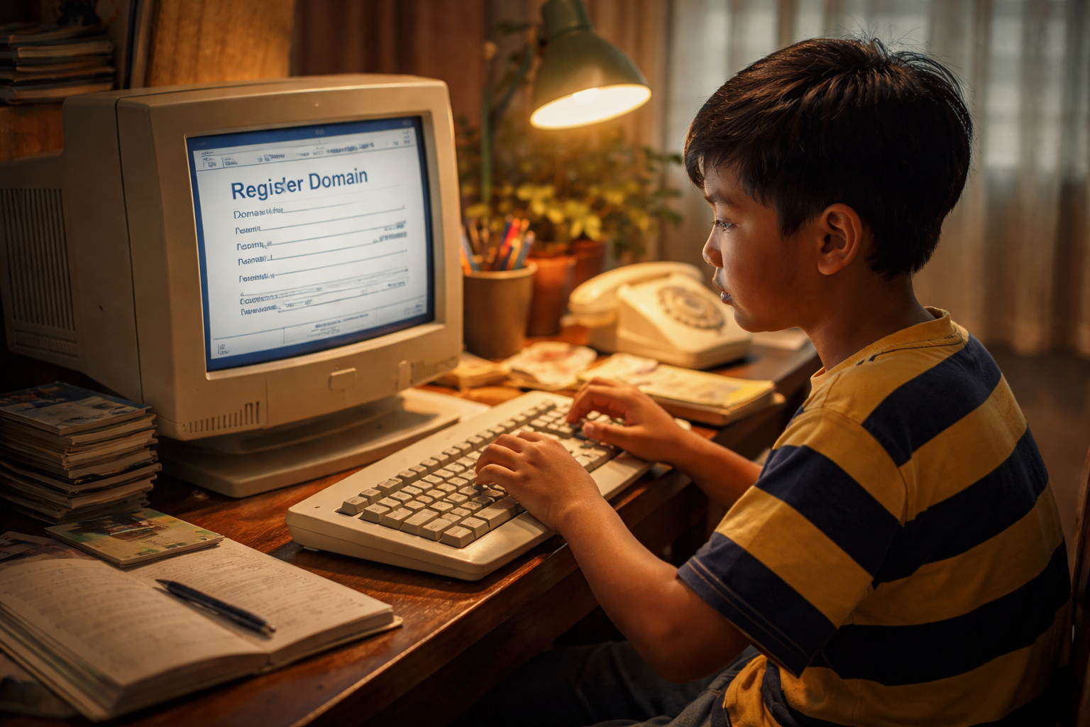 Criança registrando domínio de internet nos anos 90