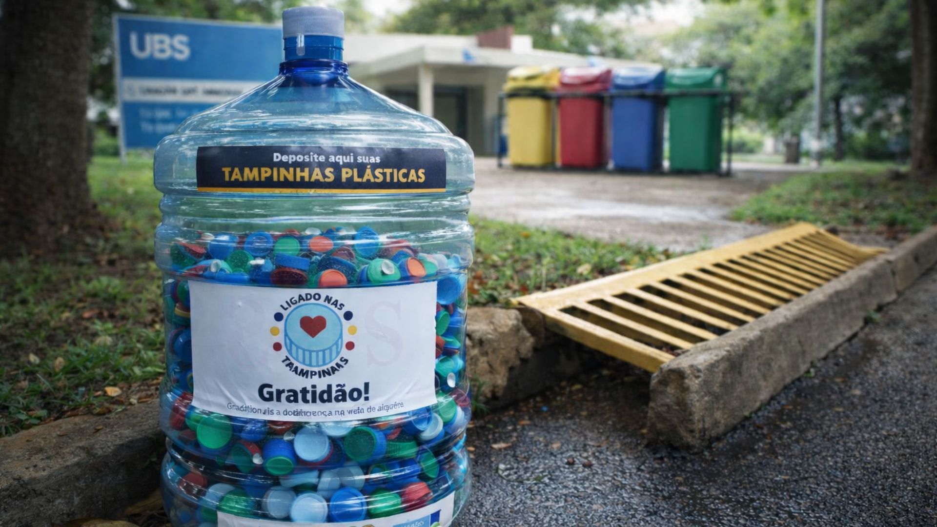 Galão com tampinhas plásticas coletadas em iniciativa sustentável da UBS 3 da Vila Planalto para incentivar descarte correto de resíduos e educação ambiental.