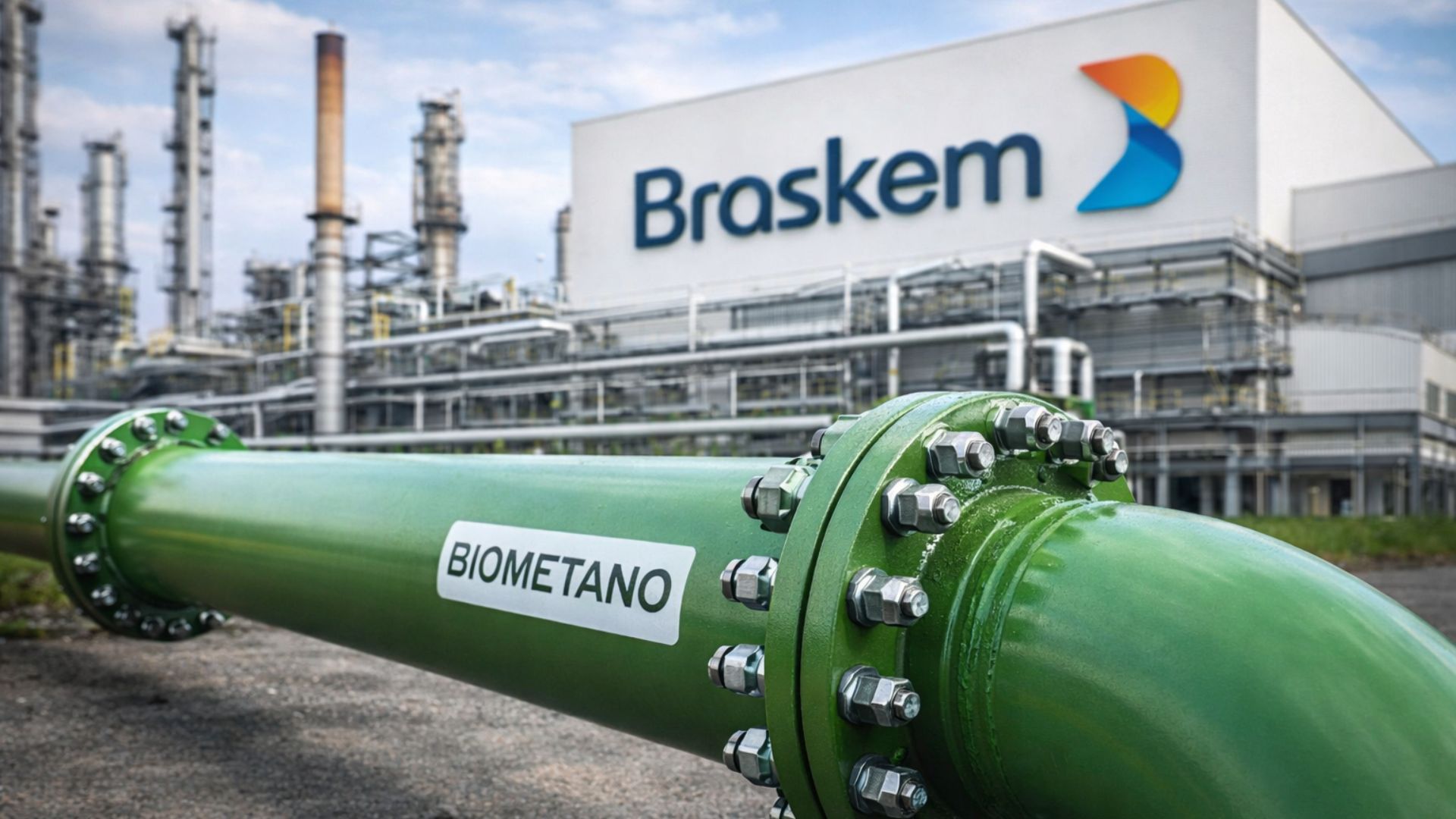 Tubulação de biometano em primeiro plano diante de unidade industrial da Braskem no Polo Petroquímico de Triunfo, no Rio Grande do Sul