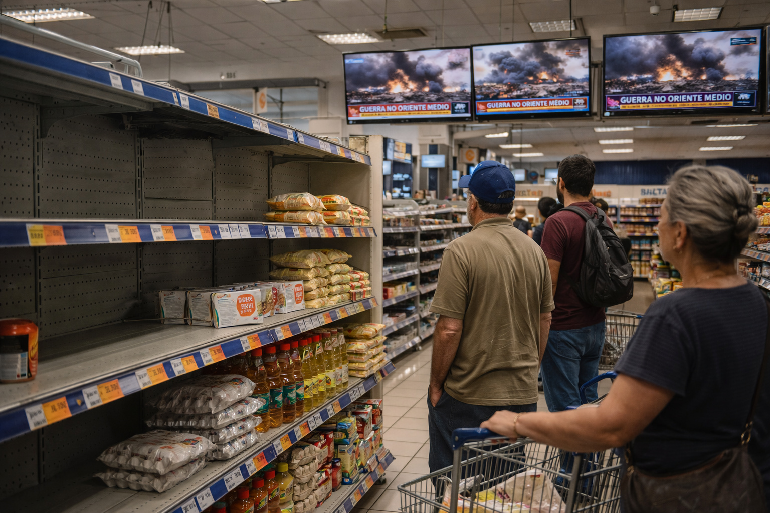 Consumidores observam prateleiras quase vazias e preços altos em um supermercado brasileiro enquanto televisões exibem notícias da guerra no Oriente Médio.