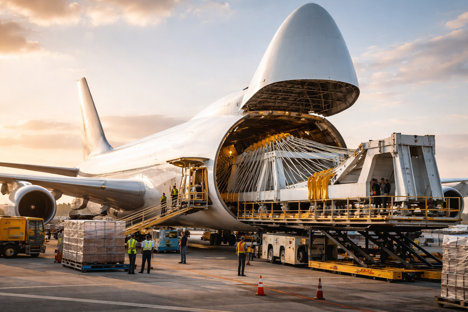 Avião cargueiro Boeing 747F sendo carregado com estruturas de ponte estaiada de aço em operação logística aérea internacional.