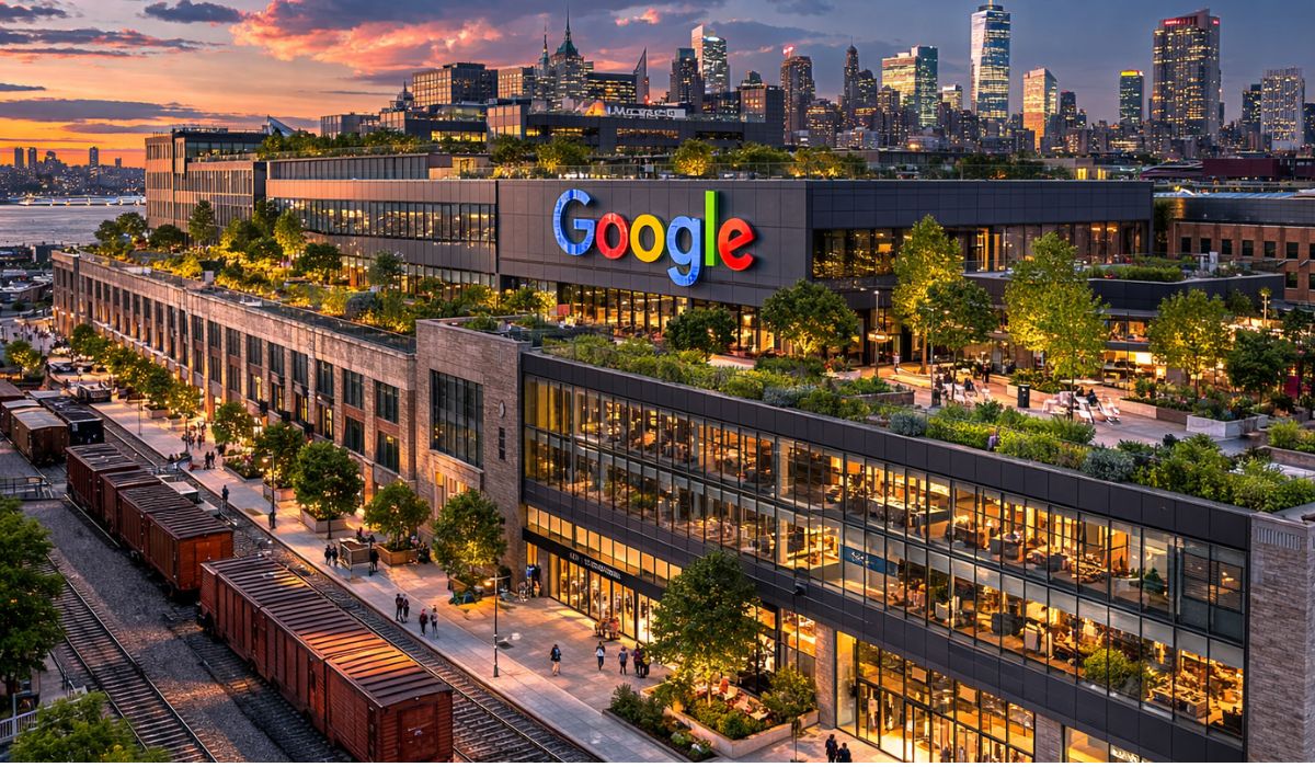 Google transforma terminal histórico em escritório bilionário em Nova York, com sustentabilidade, jardins, trabalho híbrido e design modular. (Imagem: Ilustração)