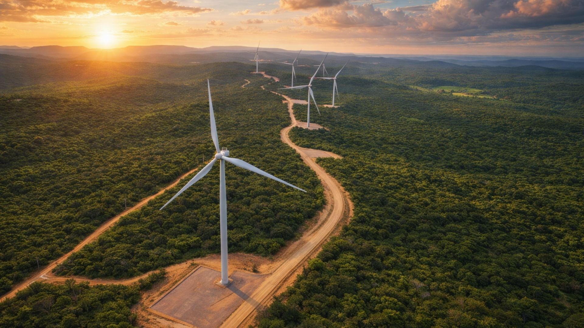 Vista aérea de complexo eólico com turbinas alinhadas em meio à vegetação no Rio Grande do Norte durante o pôr do sol.