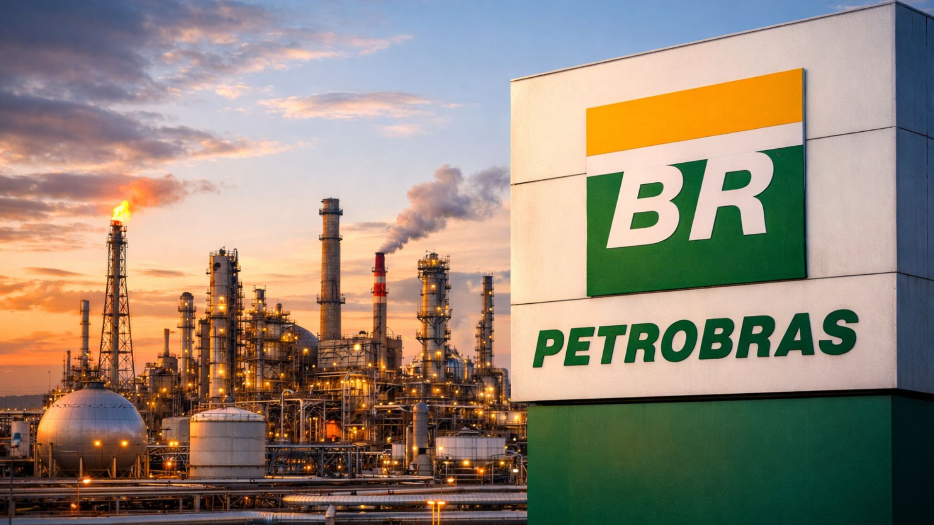 Refinaria de petróleo da Petrobras com torres industriais, chaminés e iluminação noturna, destacando o logotipo da empresa em primeiro plano.